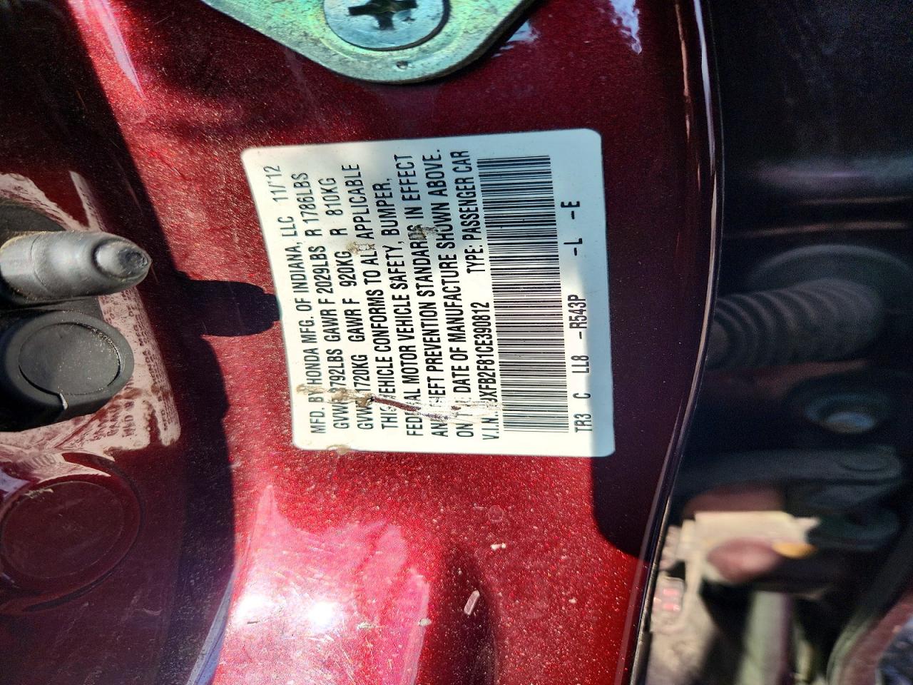 2012 Honda Civic Ex Бордовый vin: 19XFB2F81CE390812