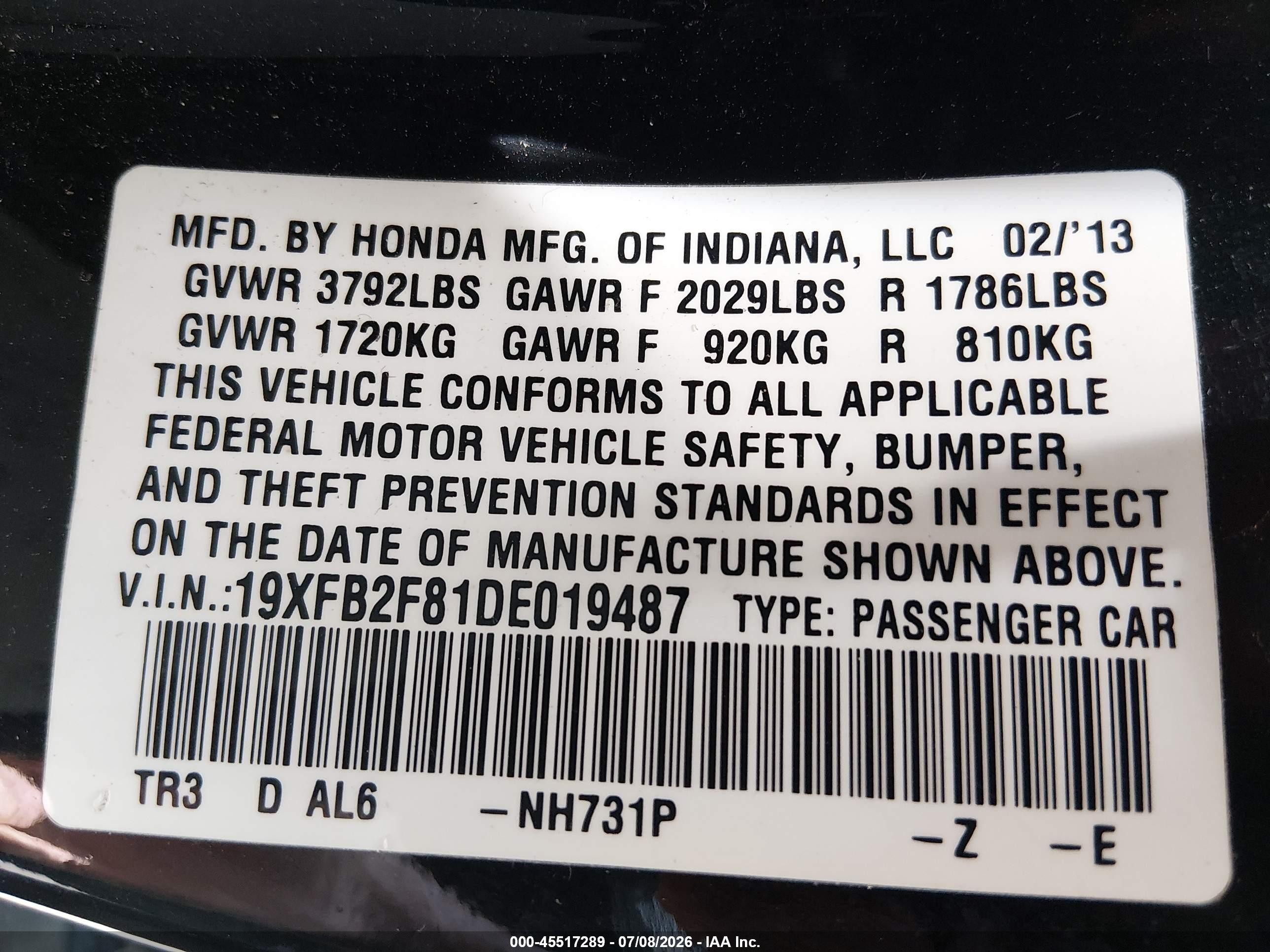 2013 Honda Civic Ex Black vin: 19XFB2F81DE019487