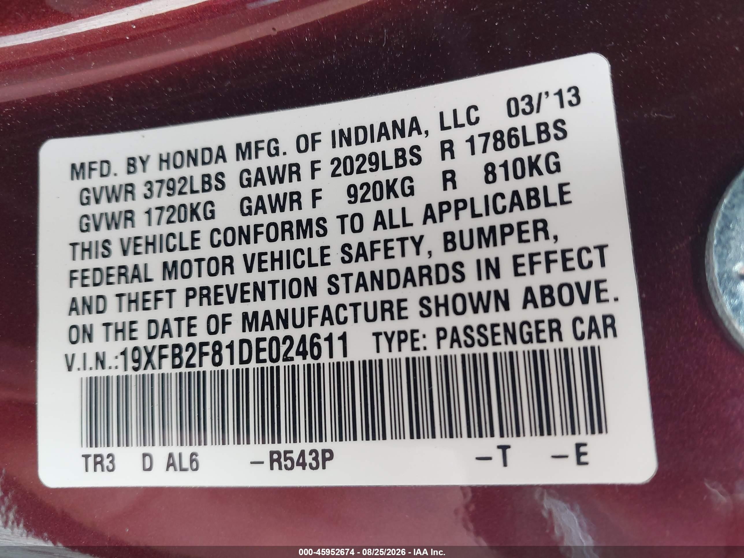 2013 Honda Civic Ex Red vin: 19XFB2F81DE024611