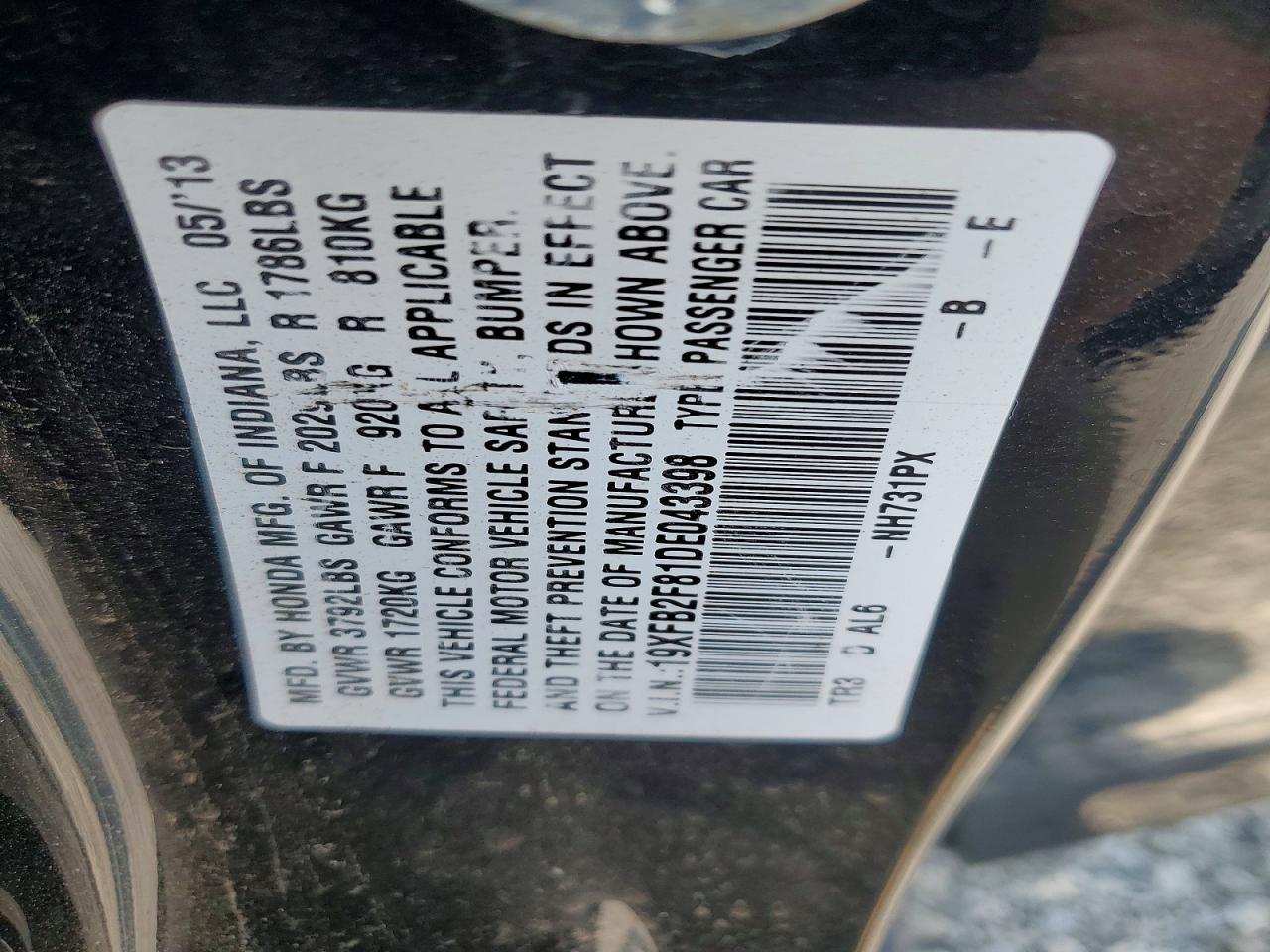 2013 Honda Civic Ex Black vin: 19XFB2F81DE043398