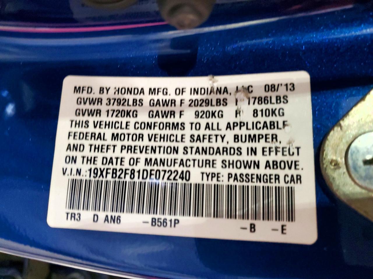 2013 Honda Civic Ex Blue vin: 19XFB2F81DE072240