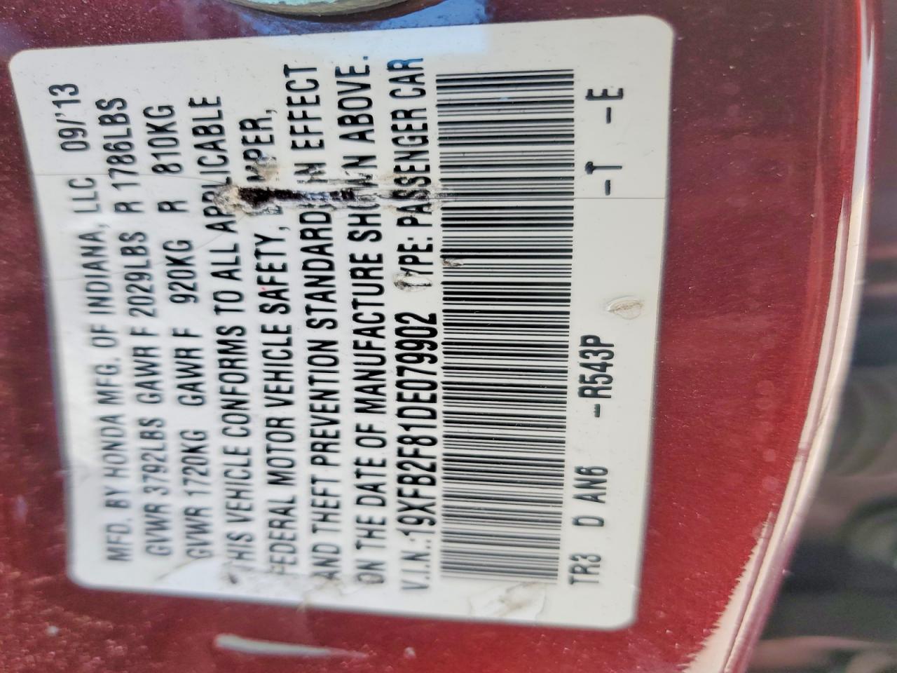 2013 Honda Civic Ex Maroon vin: 19XFB2F81DE079902