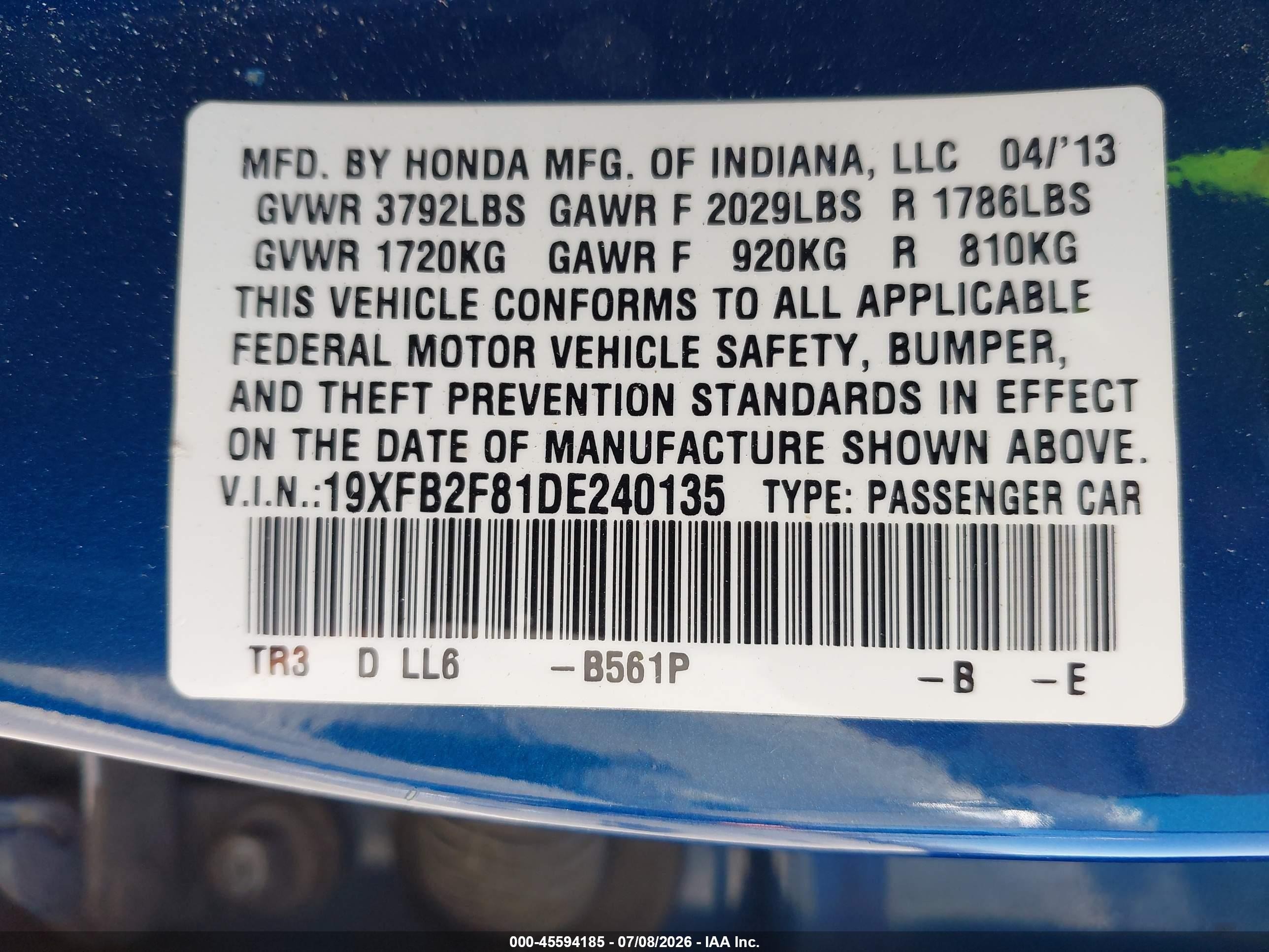 2013 Honda Civic Ex Blue vin: 19XFB2F81DE240135