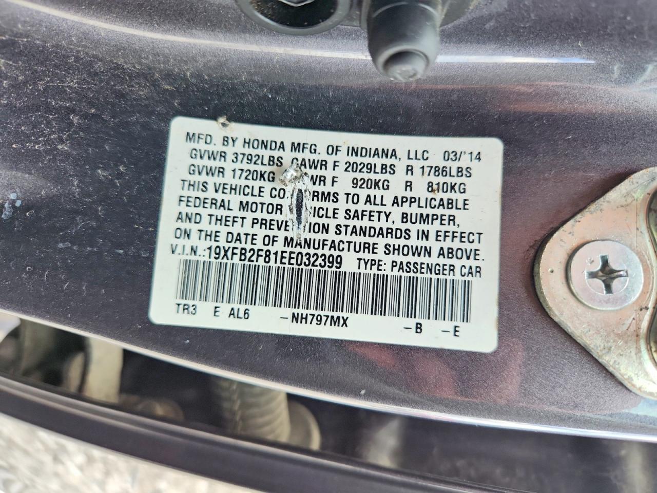 2014 Honda Civic Ex Gray vin: 19XFB2F81EE032399
