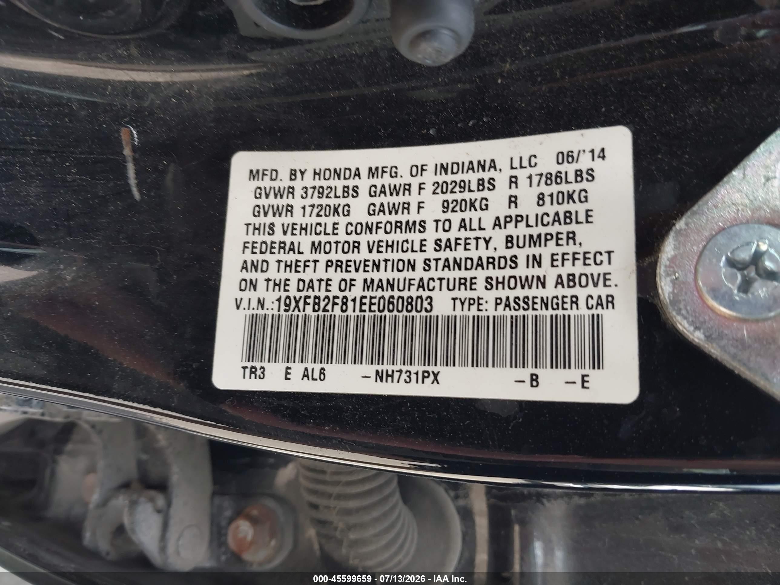 2014 Honda Civic Ex Black vin: 19XFB2F81EE060803