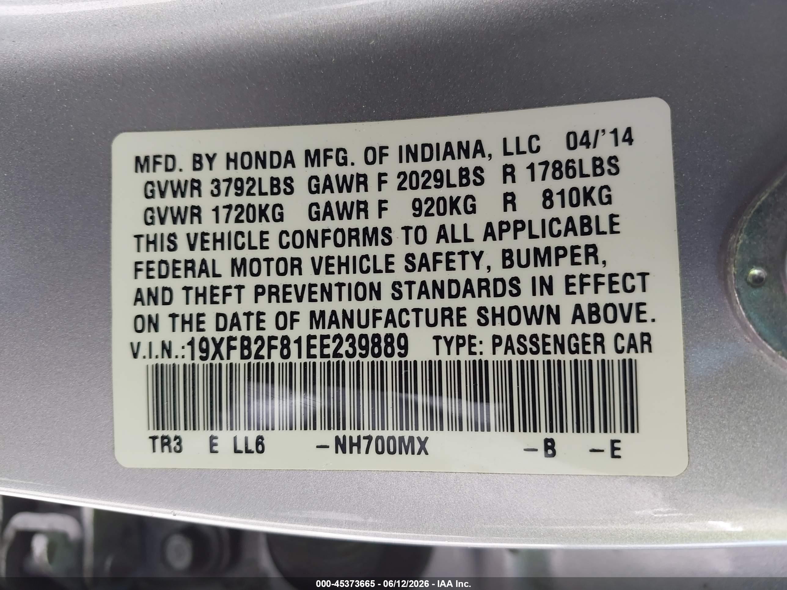 2014 Honda Civic Ex Silver vin: 19XFB2F81EE239889