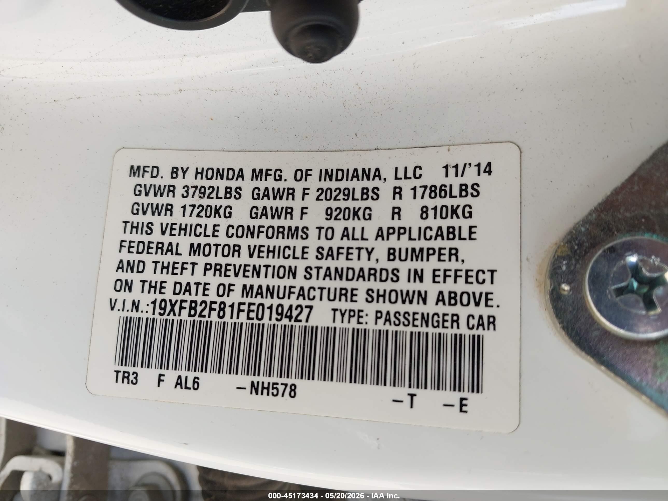 2015 Honda Civic Ex White vin: 19XFB2F81FE019427