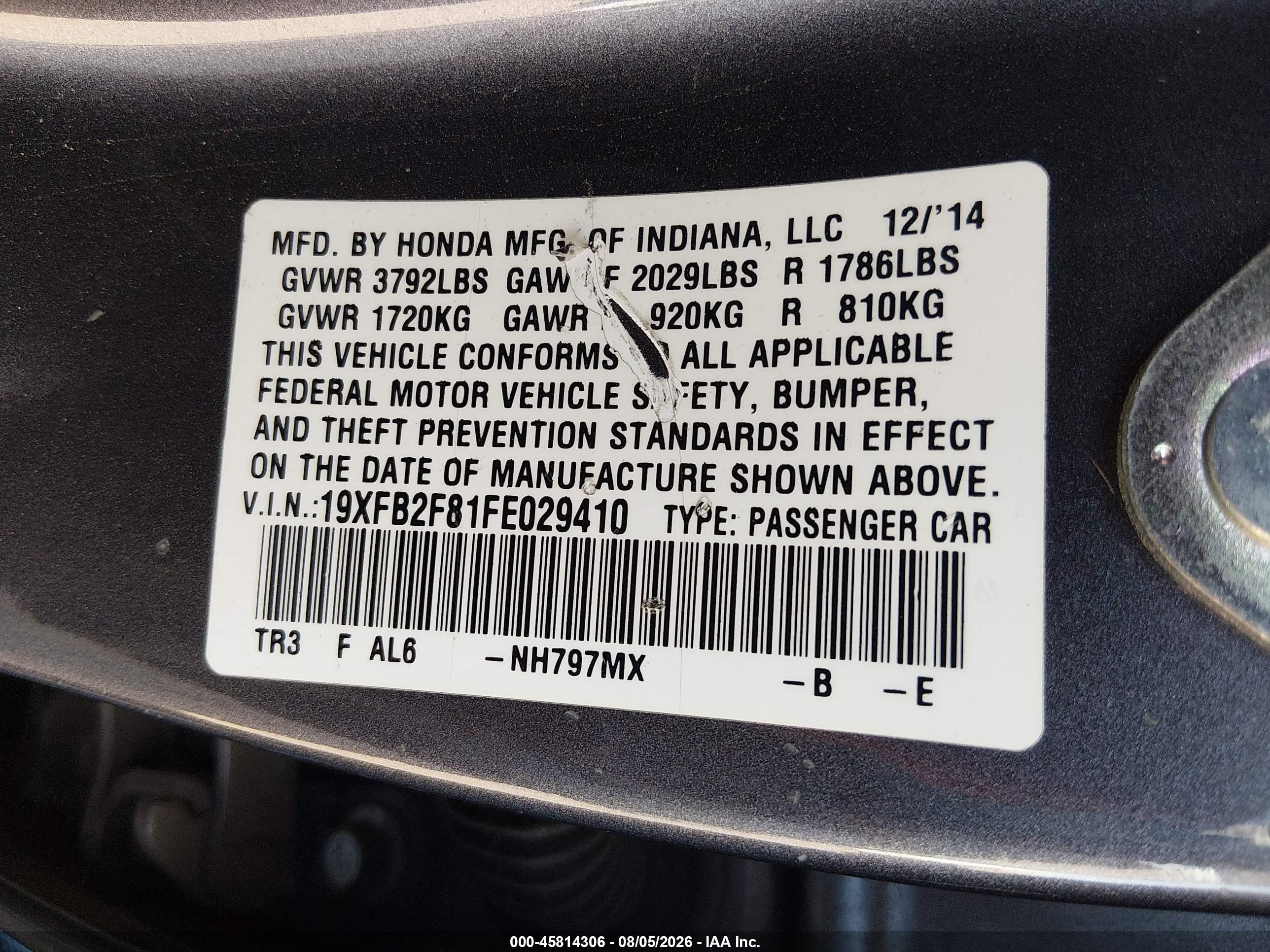 2015 Honda Civic Ex Gray vin: 19XFB2F81FE029410