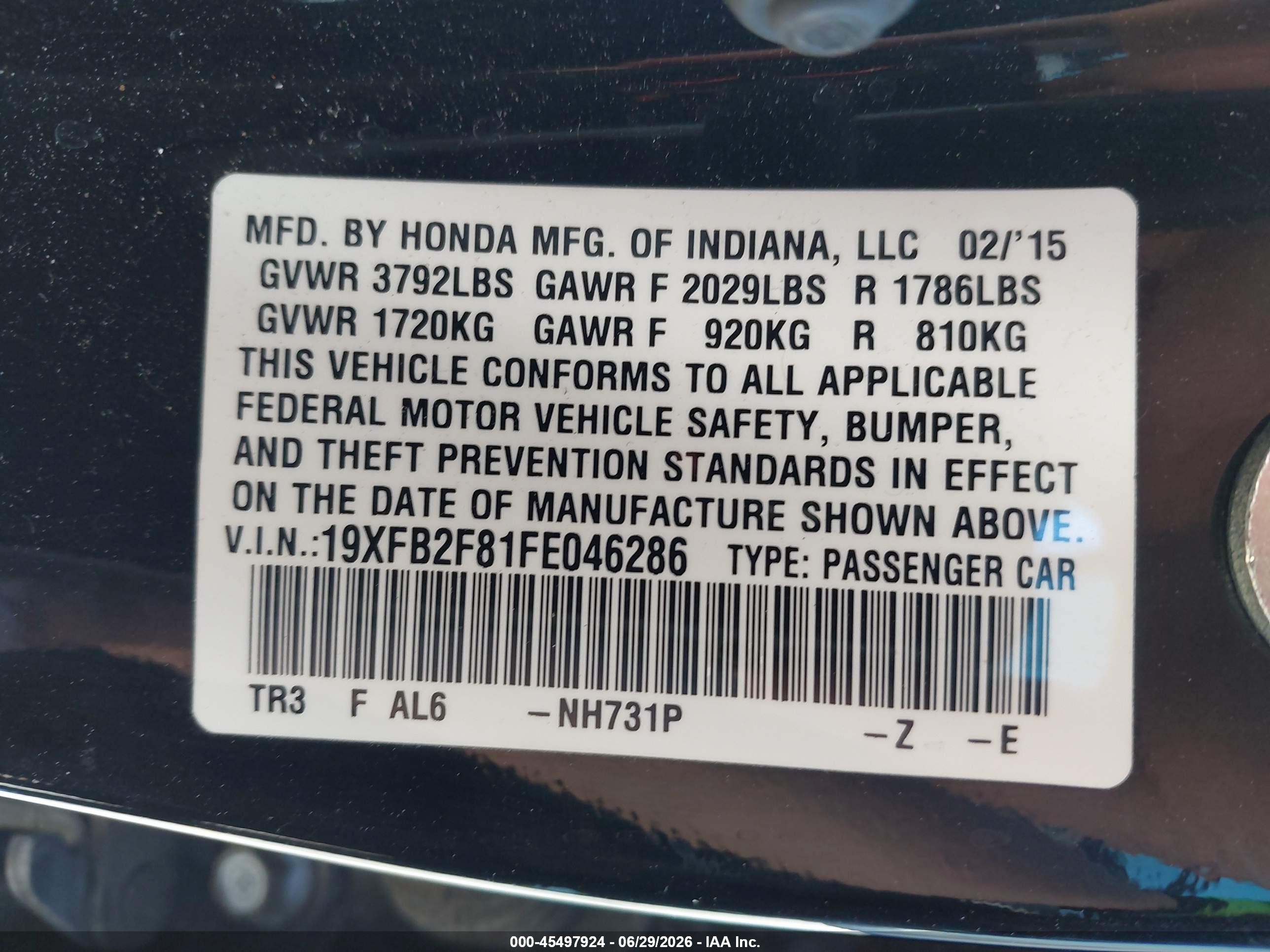 2015 Honda Civic Ex Black vin: 19XFB2F81FE046286