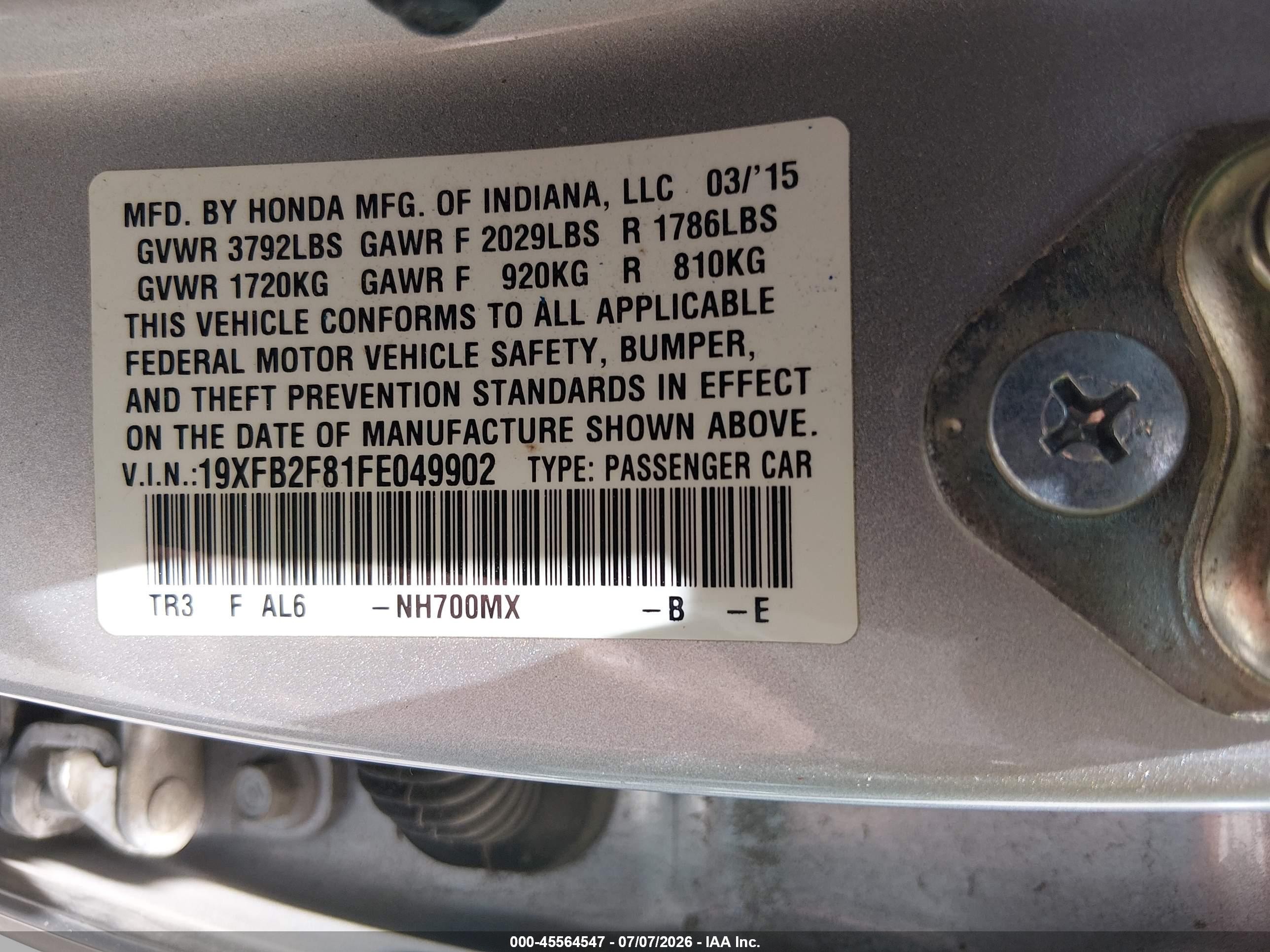 2015 Honda Civic Ex Silver vin: 19XFB2F81FE049902
