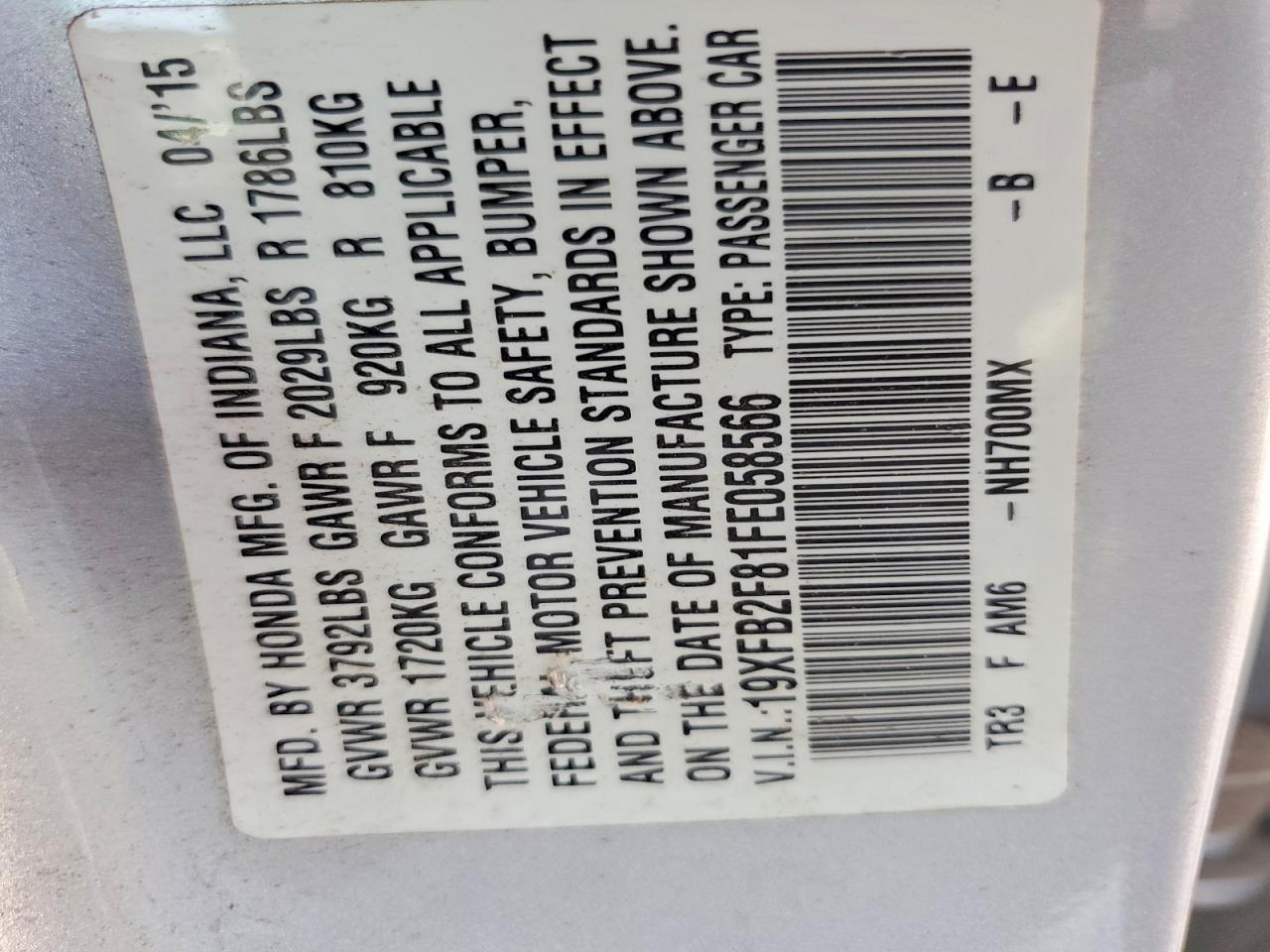 2015 Honda Civic Ex Серебряный vin: 19XFB2F81FE058566
