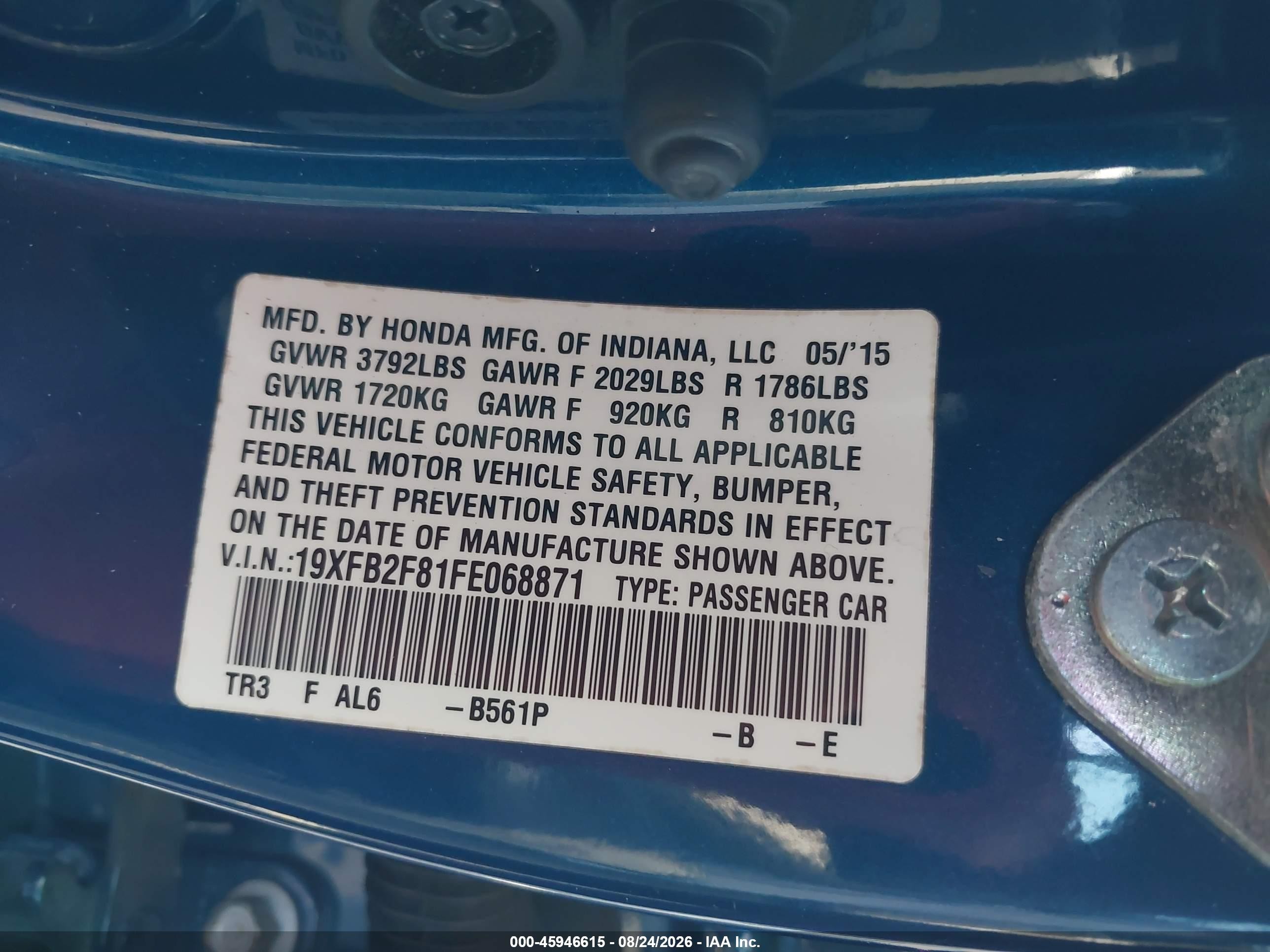2015 Honda Civic Ex Blue vin: 19XFB2F81FE068871