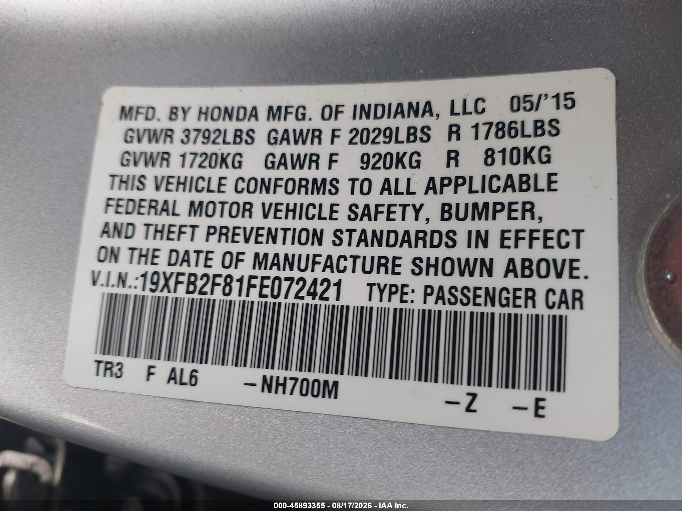 2015 Honda Civic Ex Silver vin: 19XFB2F81FE072421