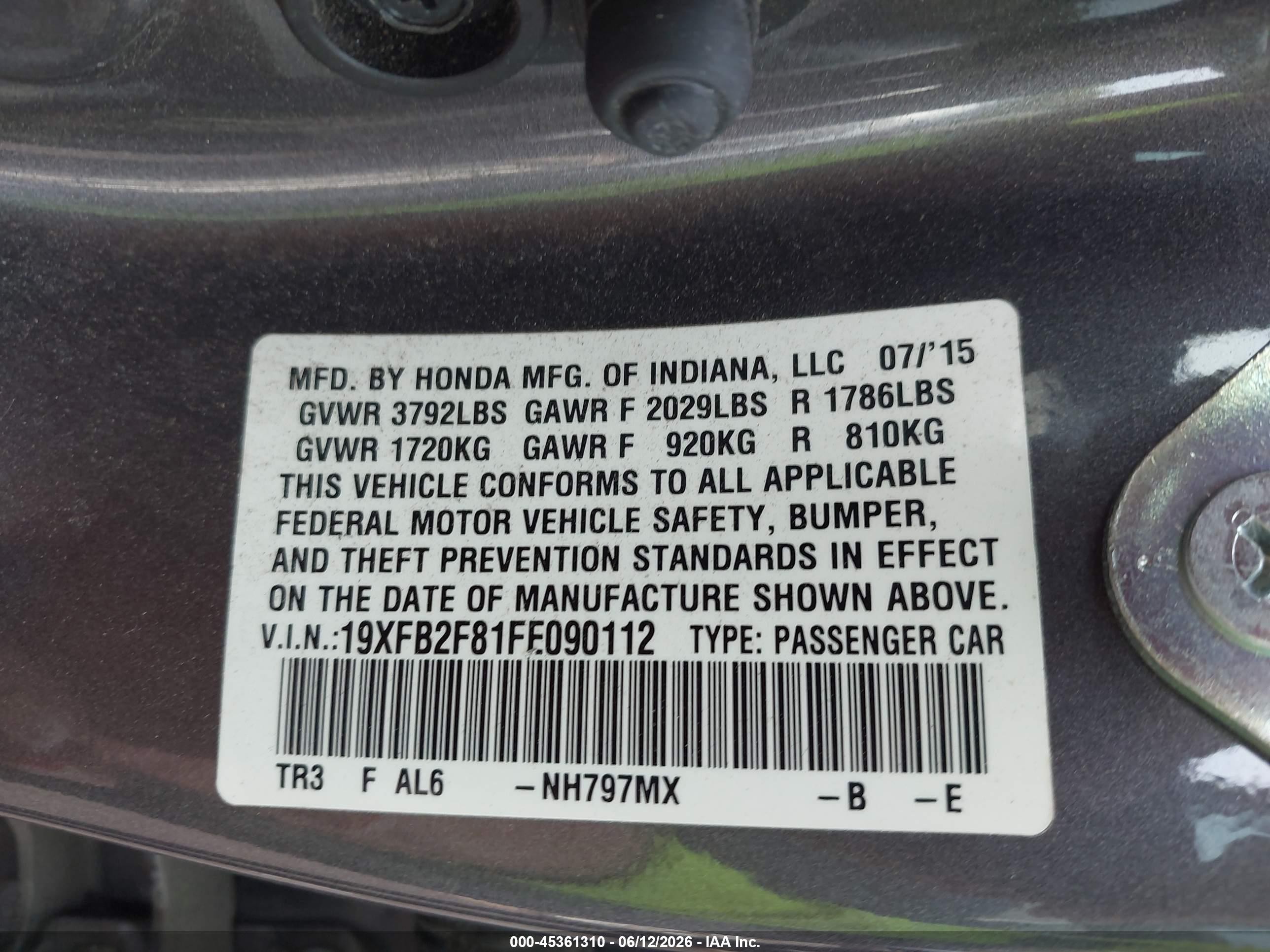 2015 Honda Civic Ex Gray vin: 19XFB2F81FE090112