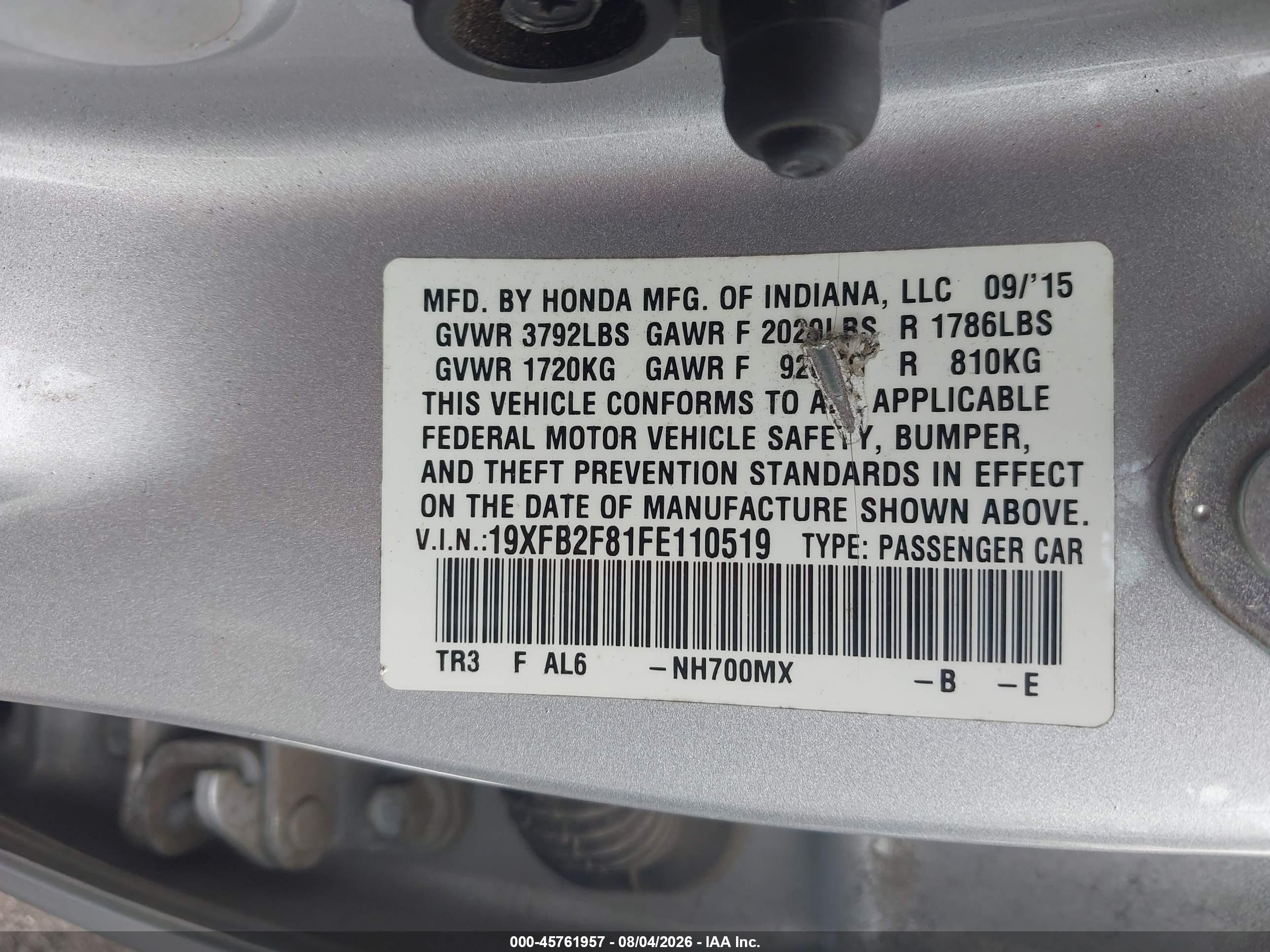 2015 Honda Civic Ex Silver vin: 19XFB2F81FE110519