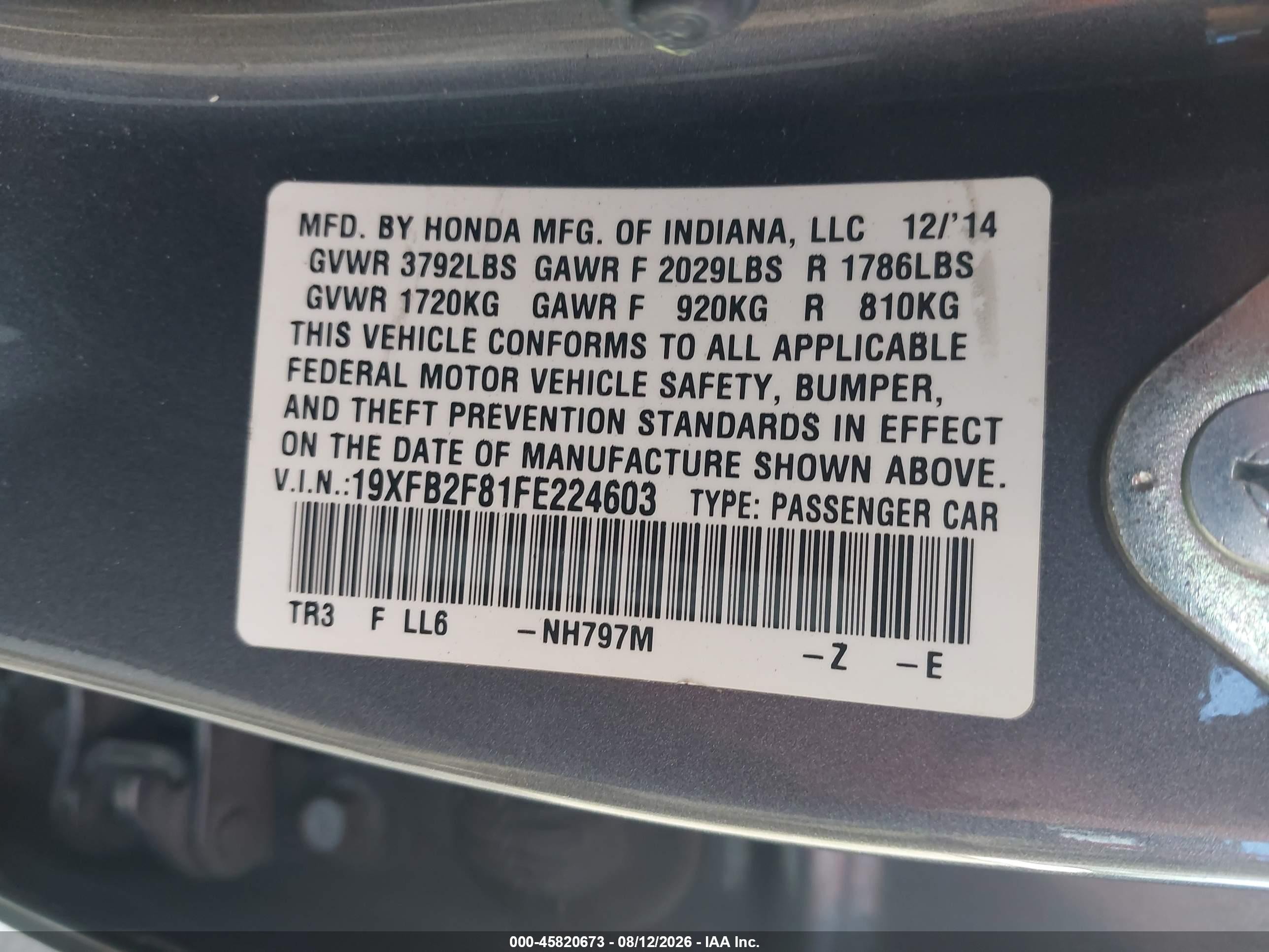 2015 Honda Civic Ex Gray vin: 19XFB2F81FE224603