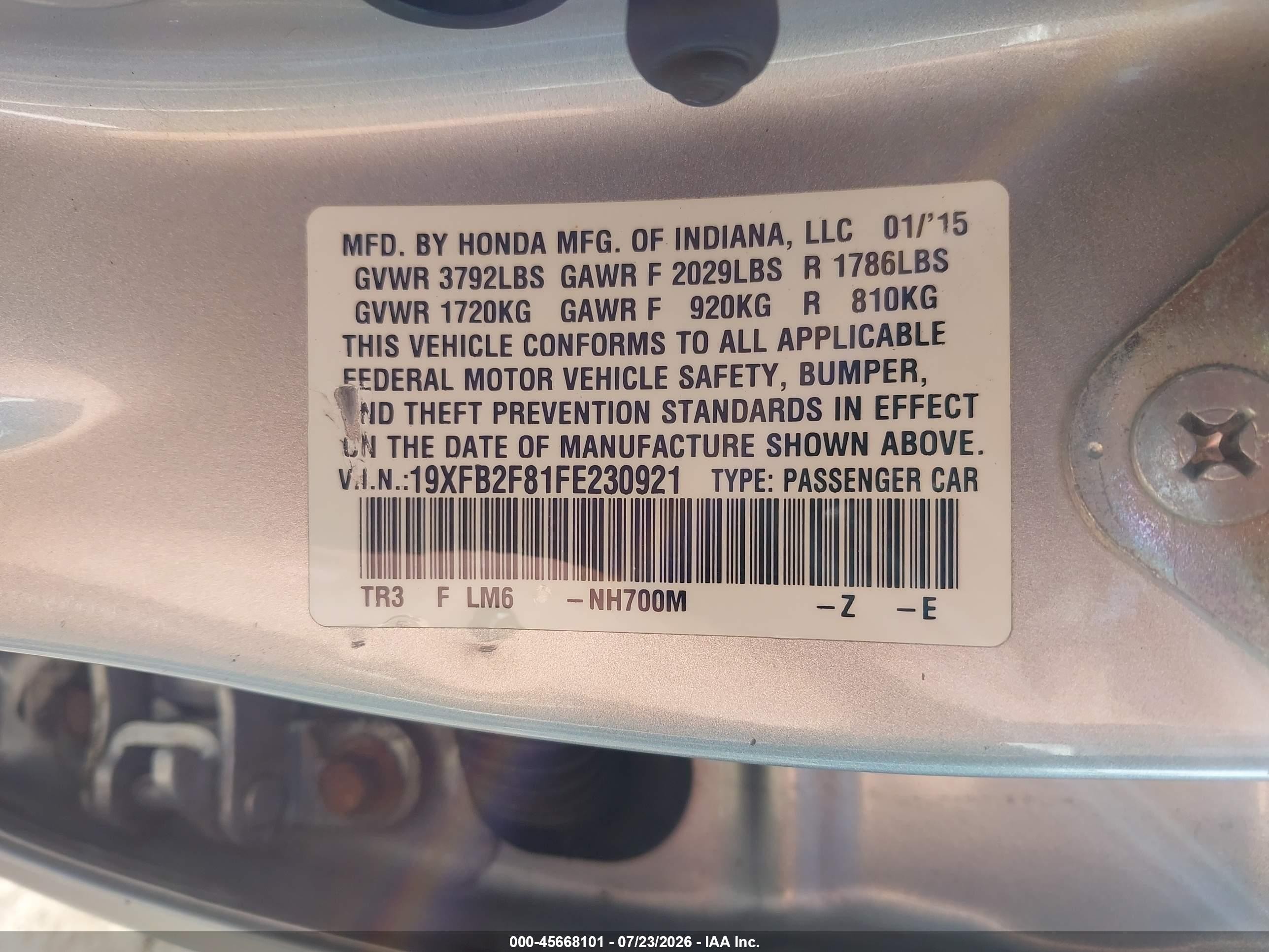 2015 Honda Civic Ex Silver vin: 19XFB2F81FE230921