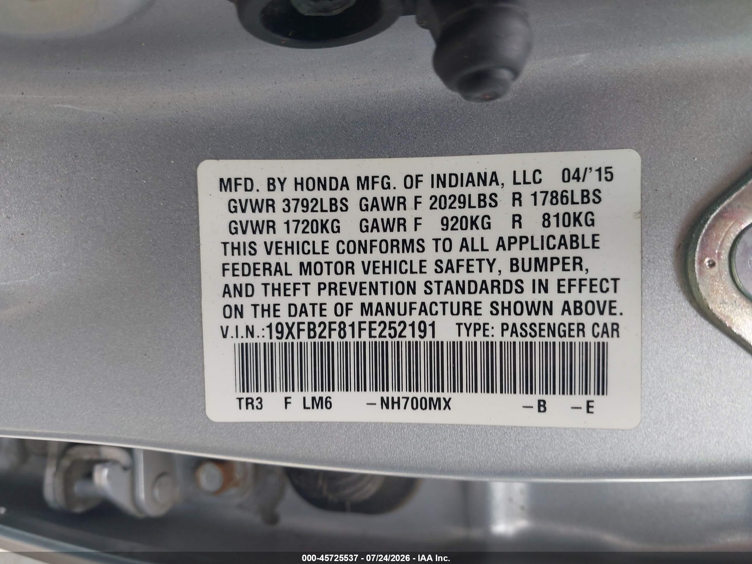 2015 Honda Civic Ex Silver vin: 19XFB2F81FE252191