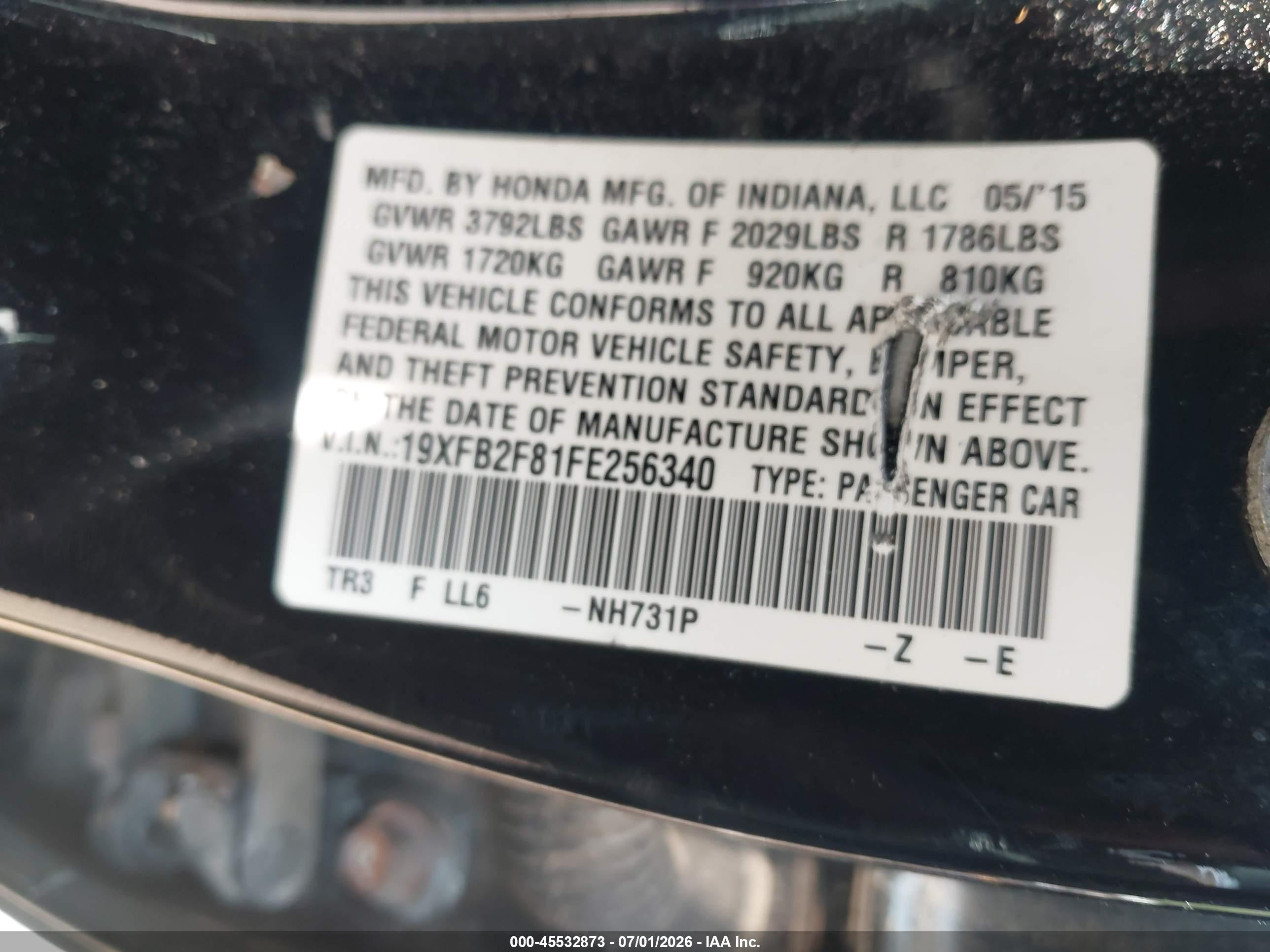 2015 Honda Civic Ex Black vin: 19XFB2F81FE256340