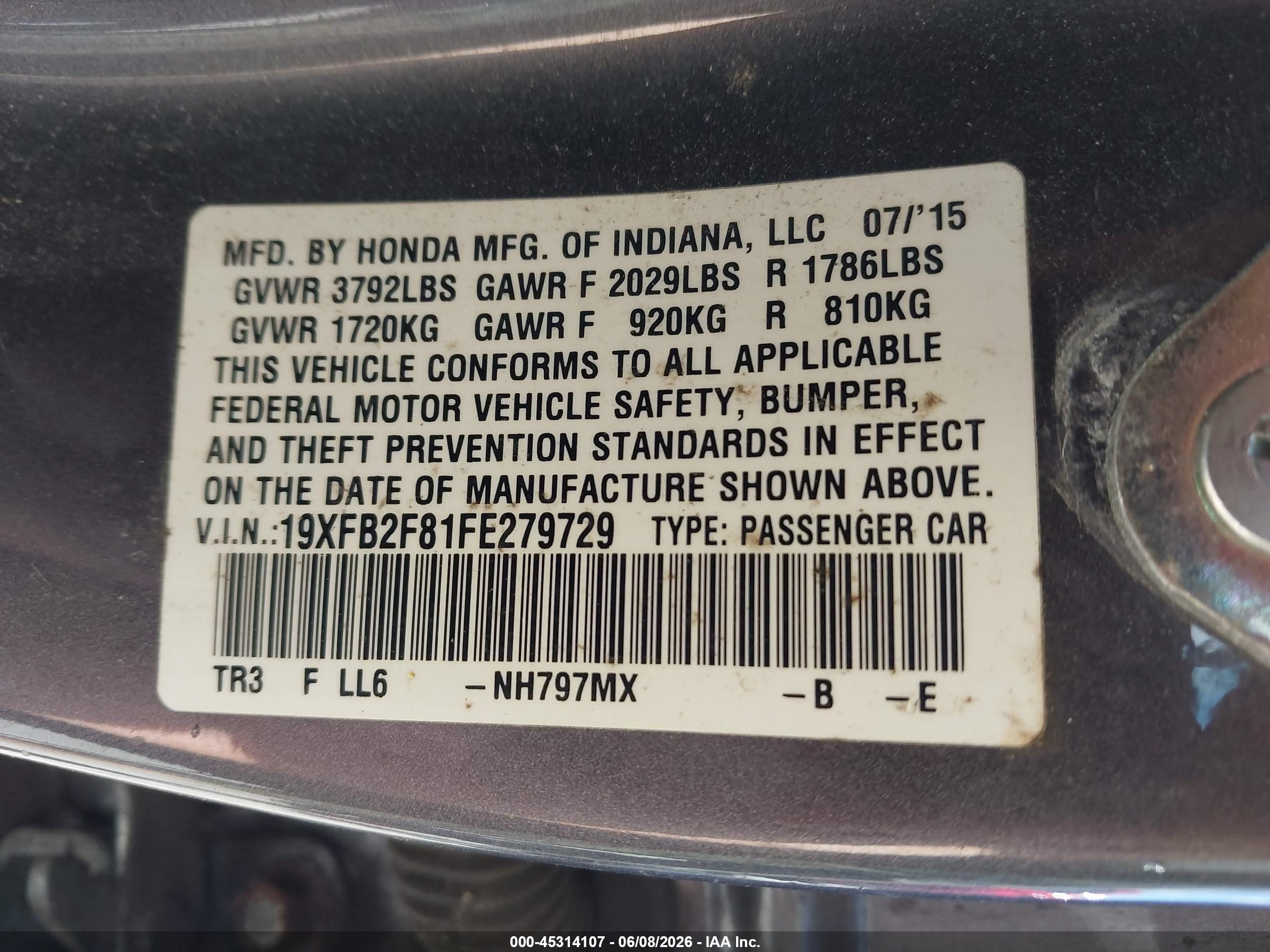 2015 Honda Civic Ex Gray vin: 19XFB2F81FE279729