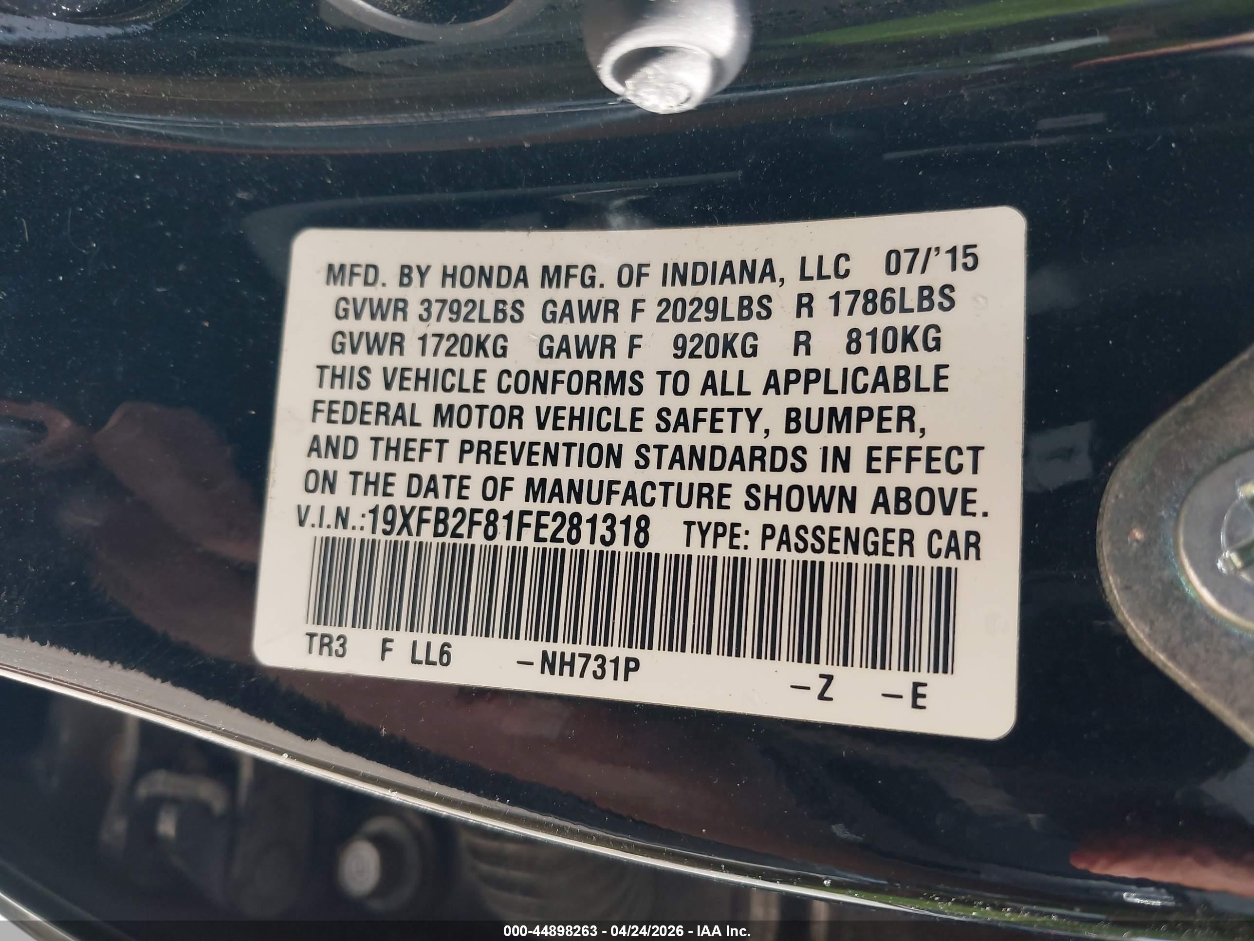 2015 Honda Civic Ex Black vin: 19XFB2F81FE281318