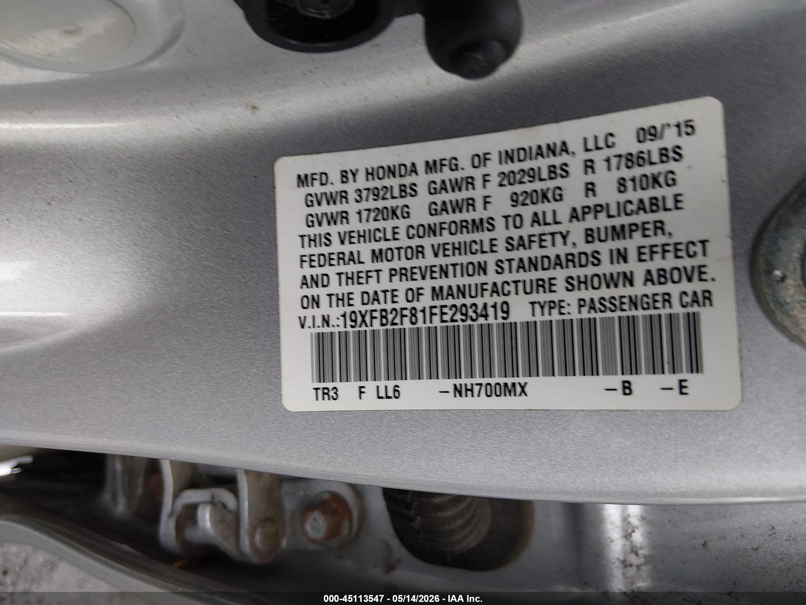 2015 Honda Civic Ex Silver vin: 19XFB2F81FE293419