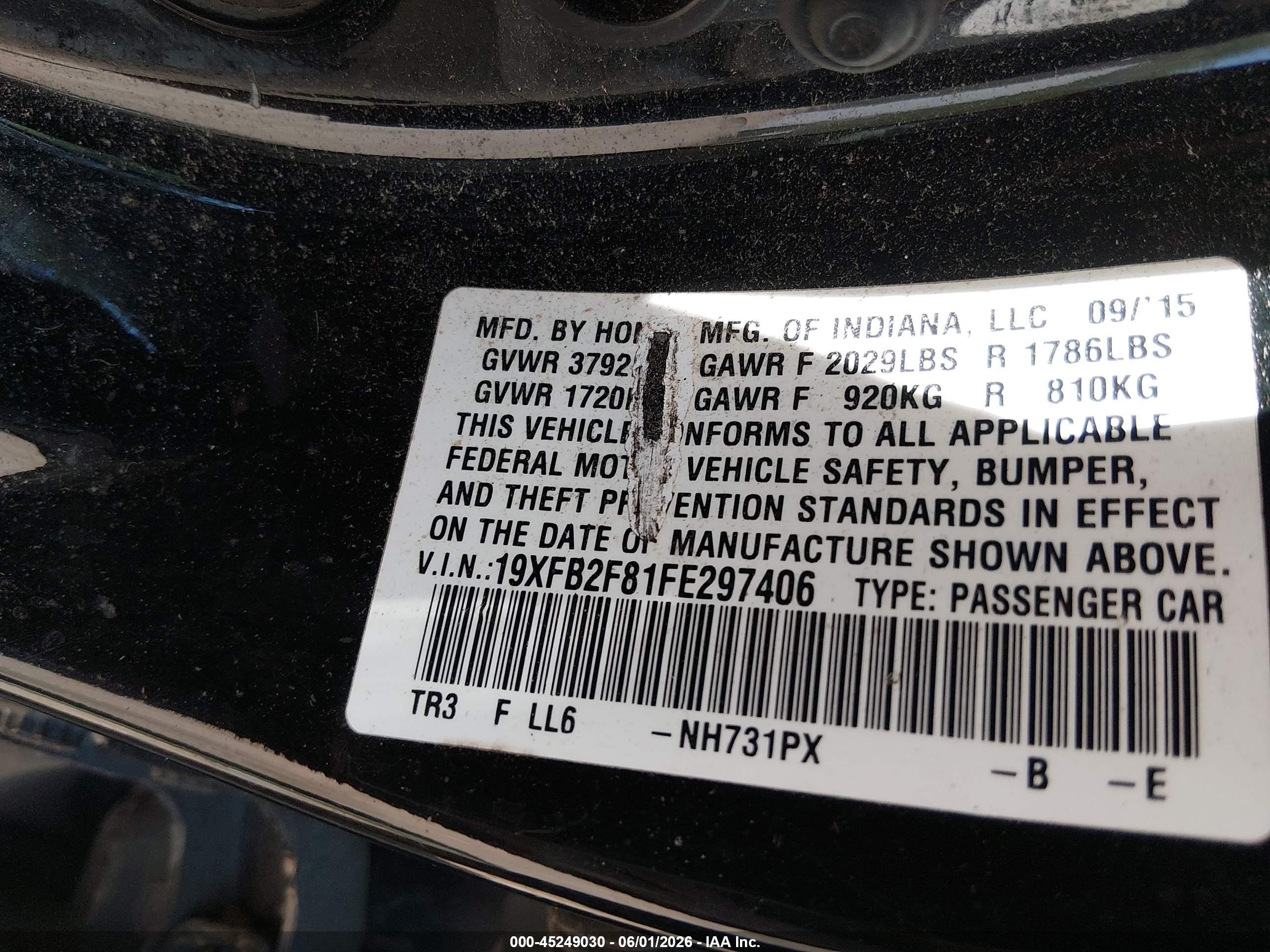 2015 Honda Civic Ex Black vin: 19XFB2F81FE297406