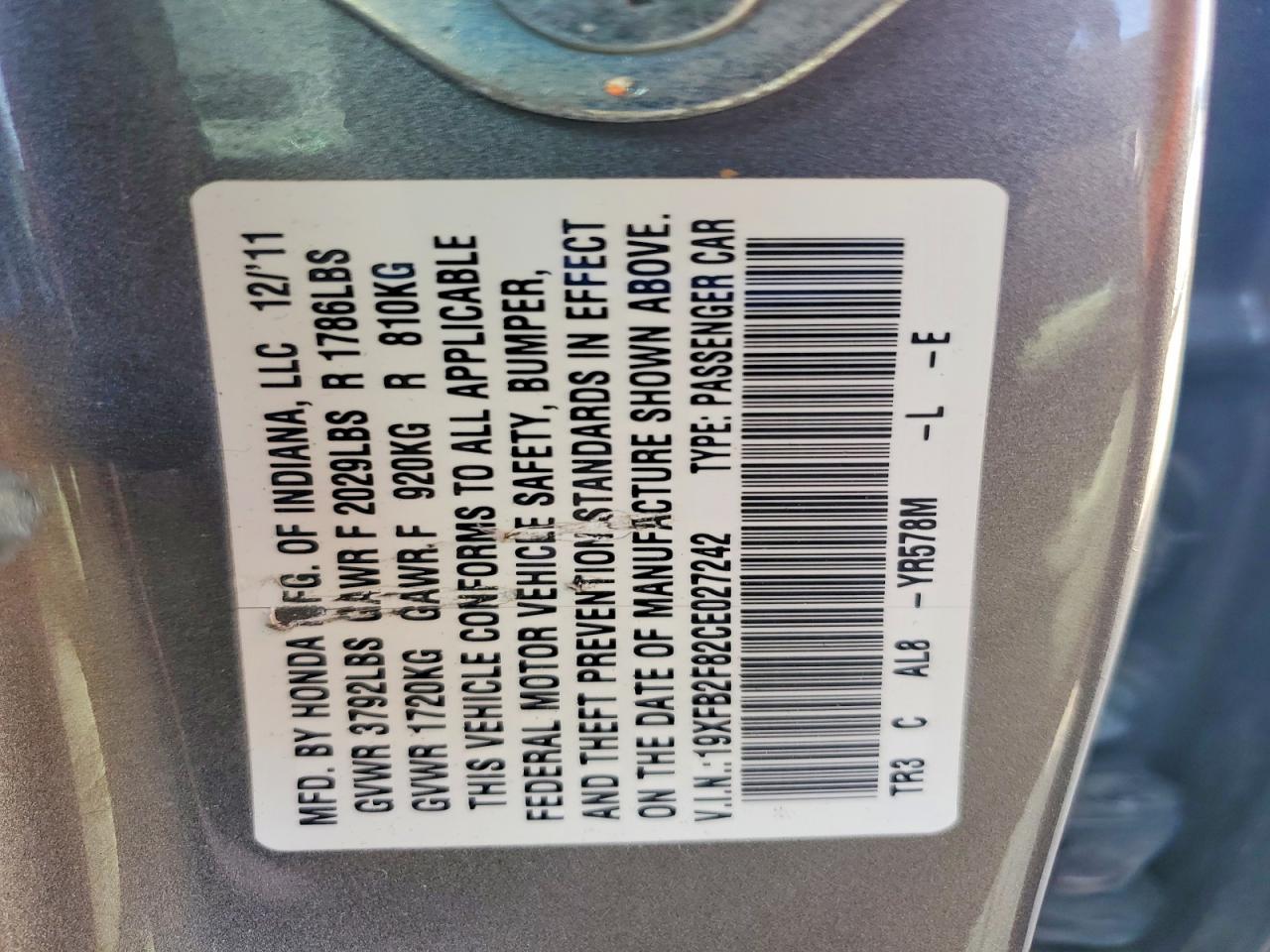 2012 Honda Civic Ex Gray vin: 19XFB2F82CE027242