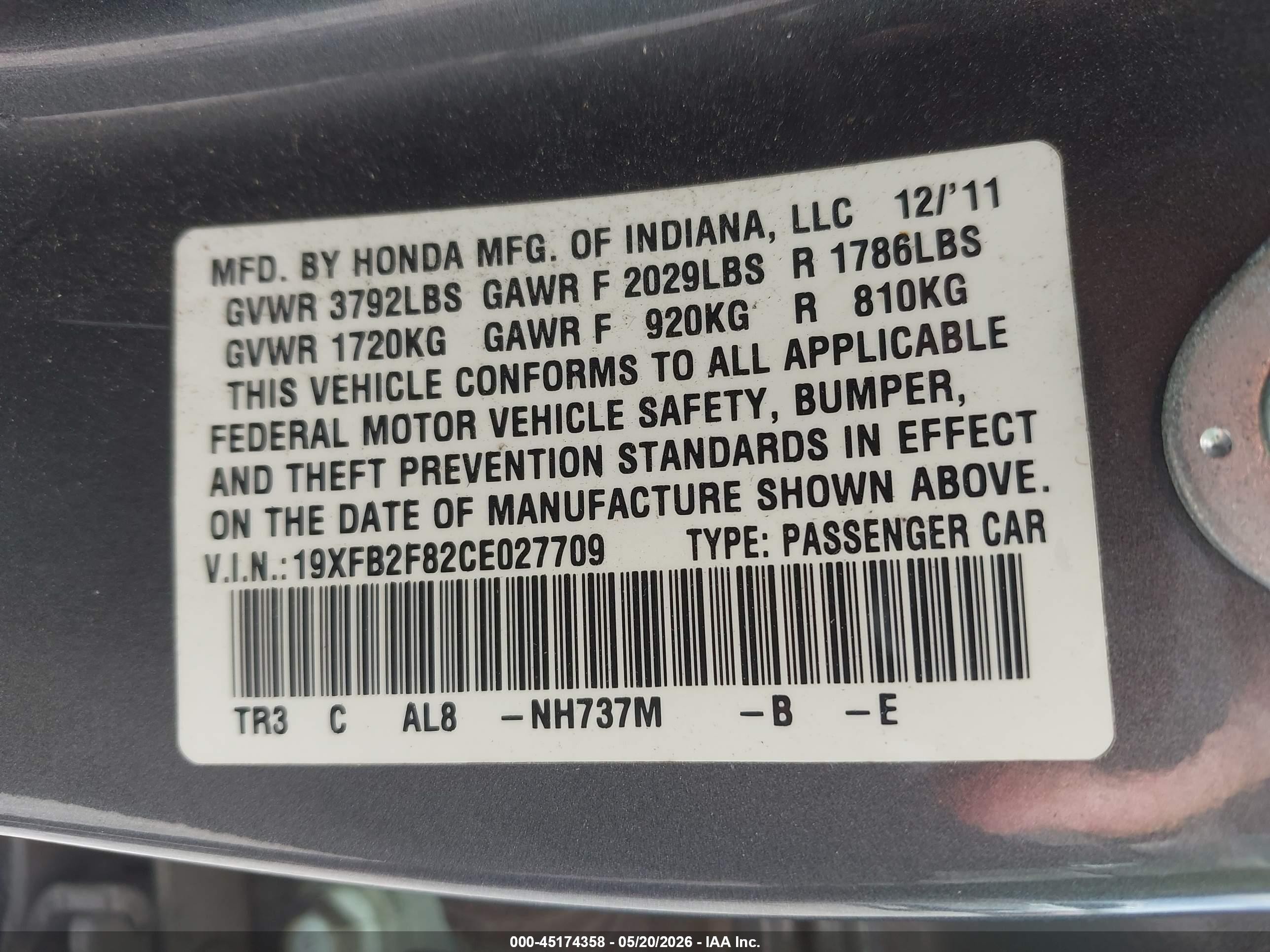2012 Honda Civic Ex Gray vin: 19XFB2F82CE027709