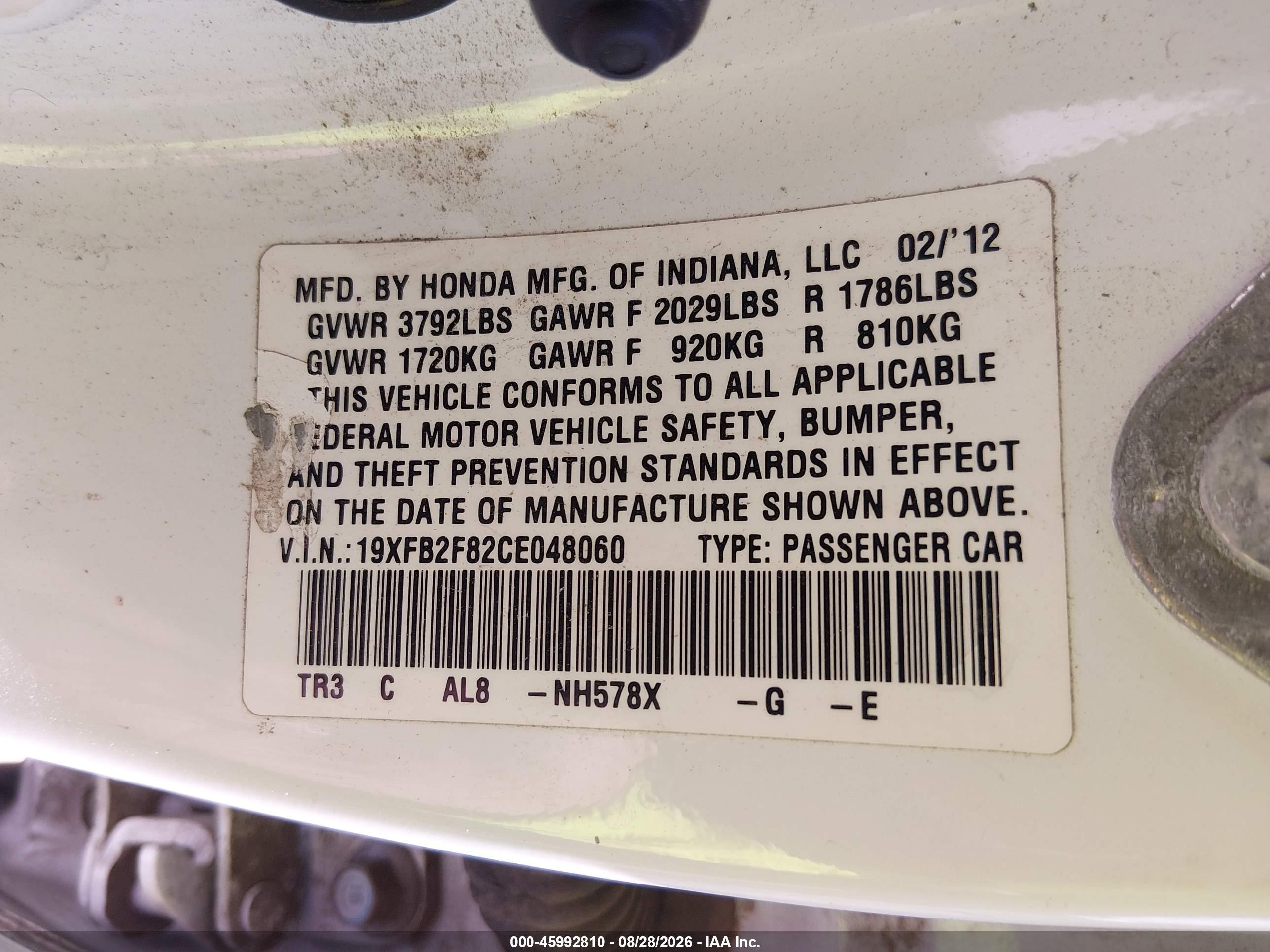 2012 Honda Civic Ex White vin: 19XFB2F82CE048060