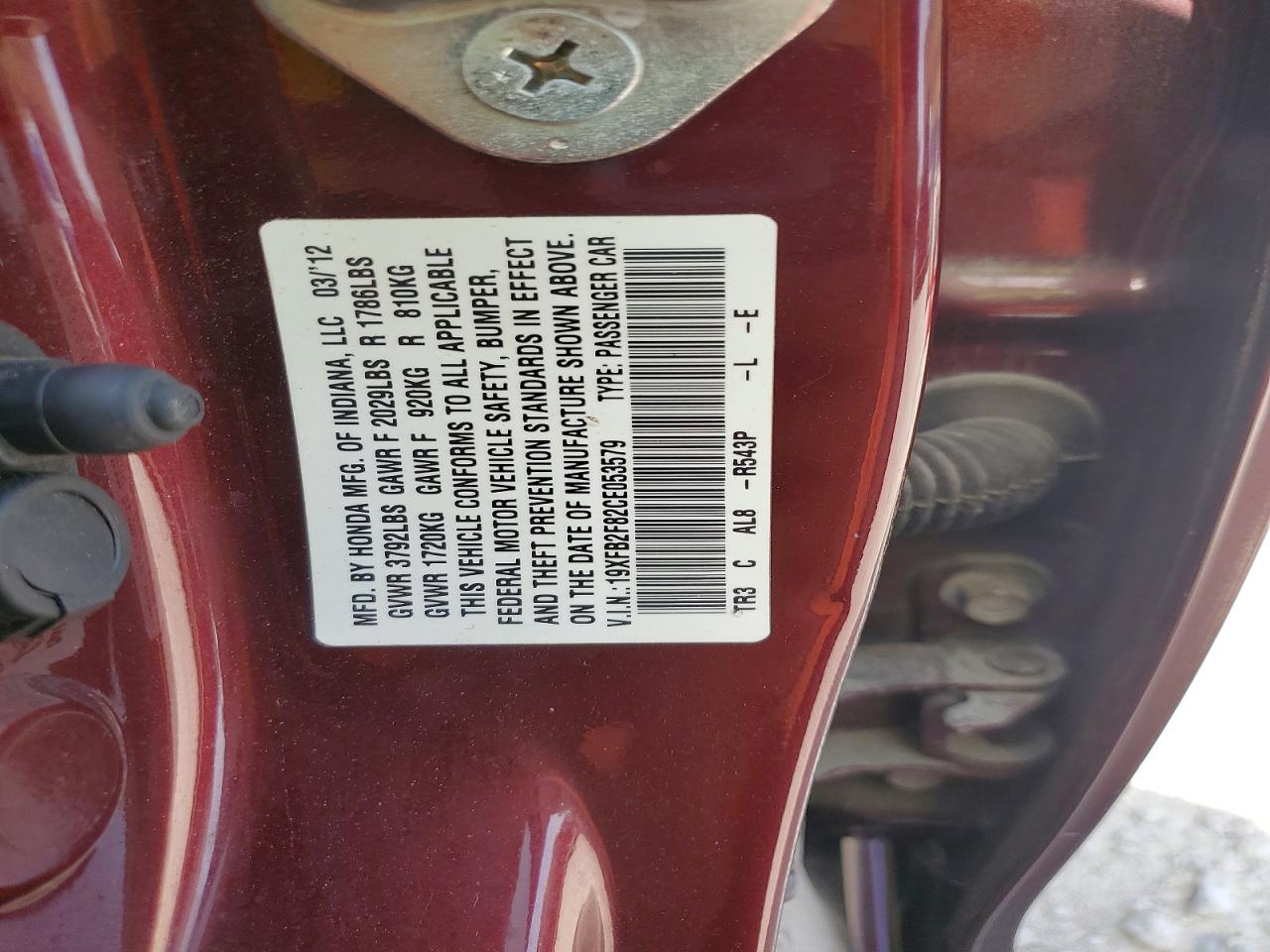 2012 Honda Civic Ex Burgundy vin: 19XFB2F82CE053579