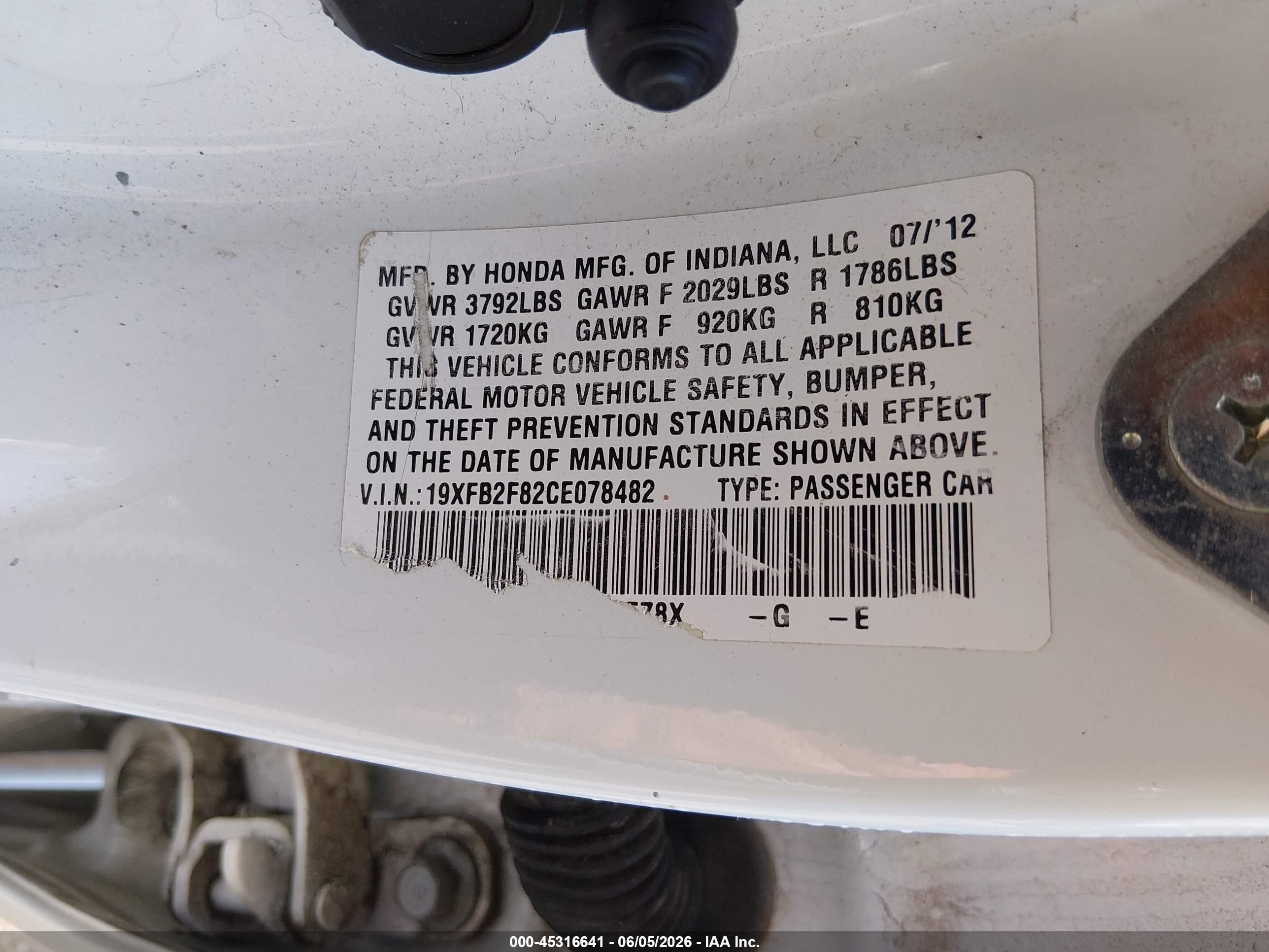 2012 Honda Civic Ex White vin: 19XFB2F82CE078482