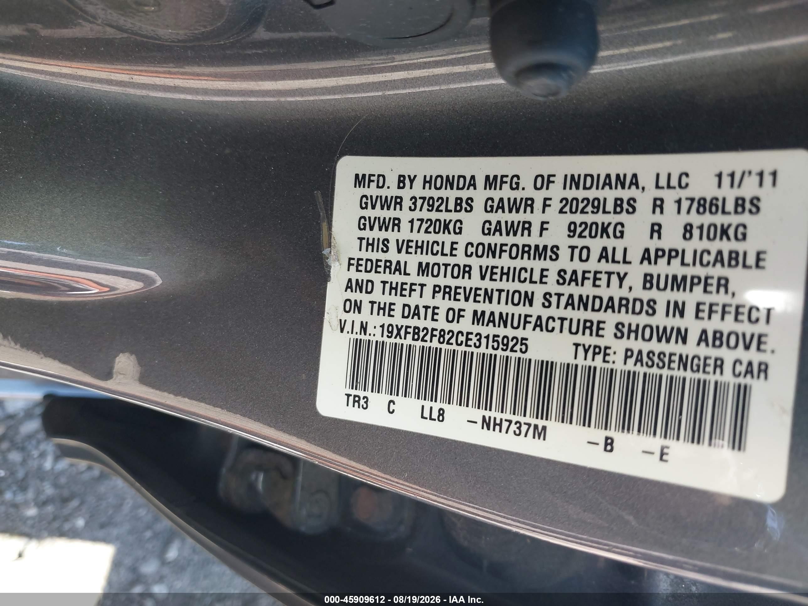 2012 Honda Civic Ex Gray vin: 19XFB2F82CE315925
