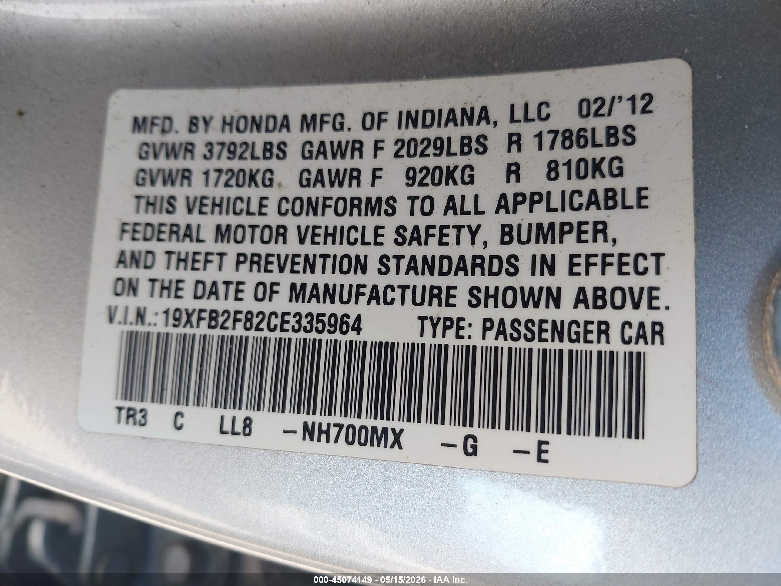 2012 Honda Civic Ex Silver vin: 19XFB2F82CE335964