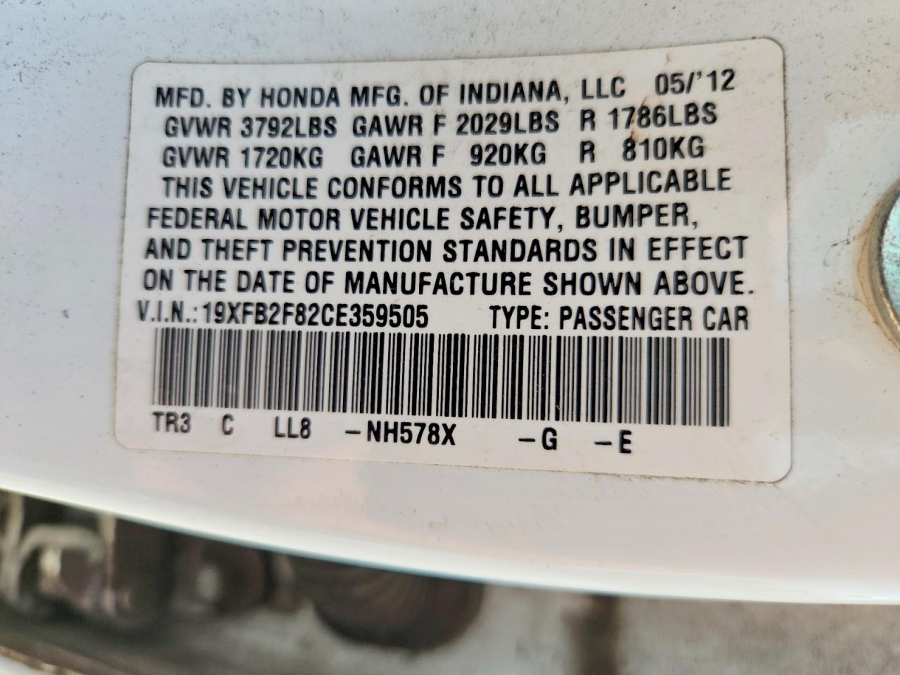 2012 Honda Civic Ex White vin: 19XFB2F82CE359505