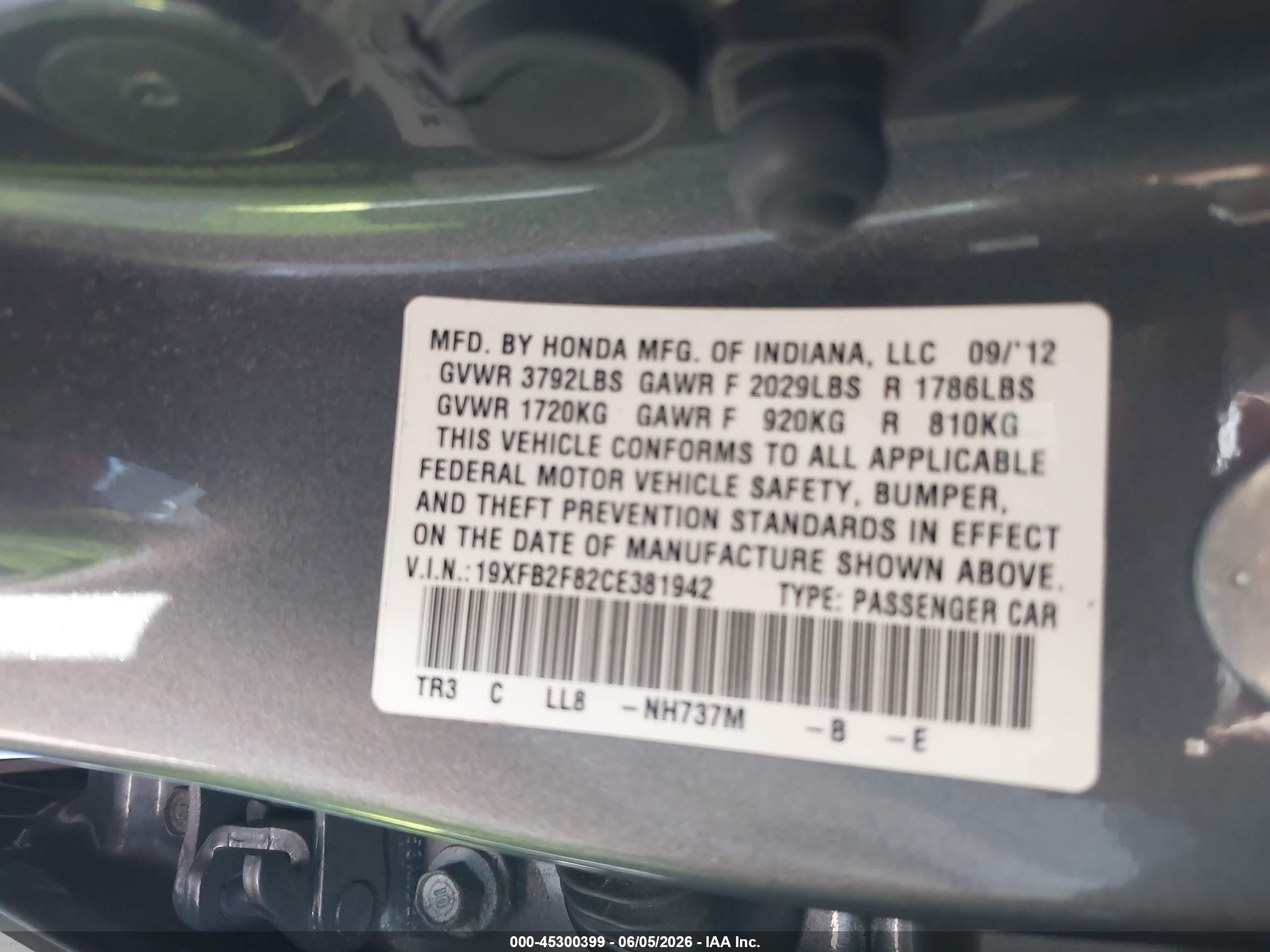 2012 Honda Civic Ex Gray vin: 19XFB2F82CE381942