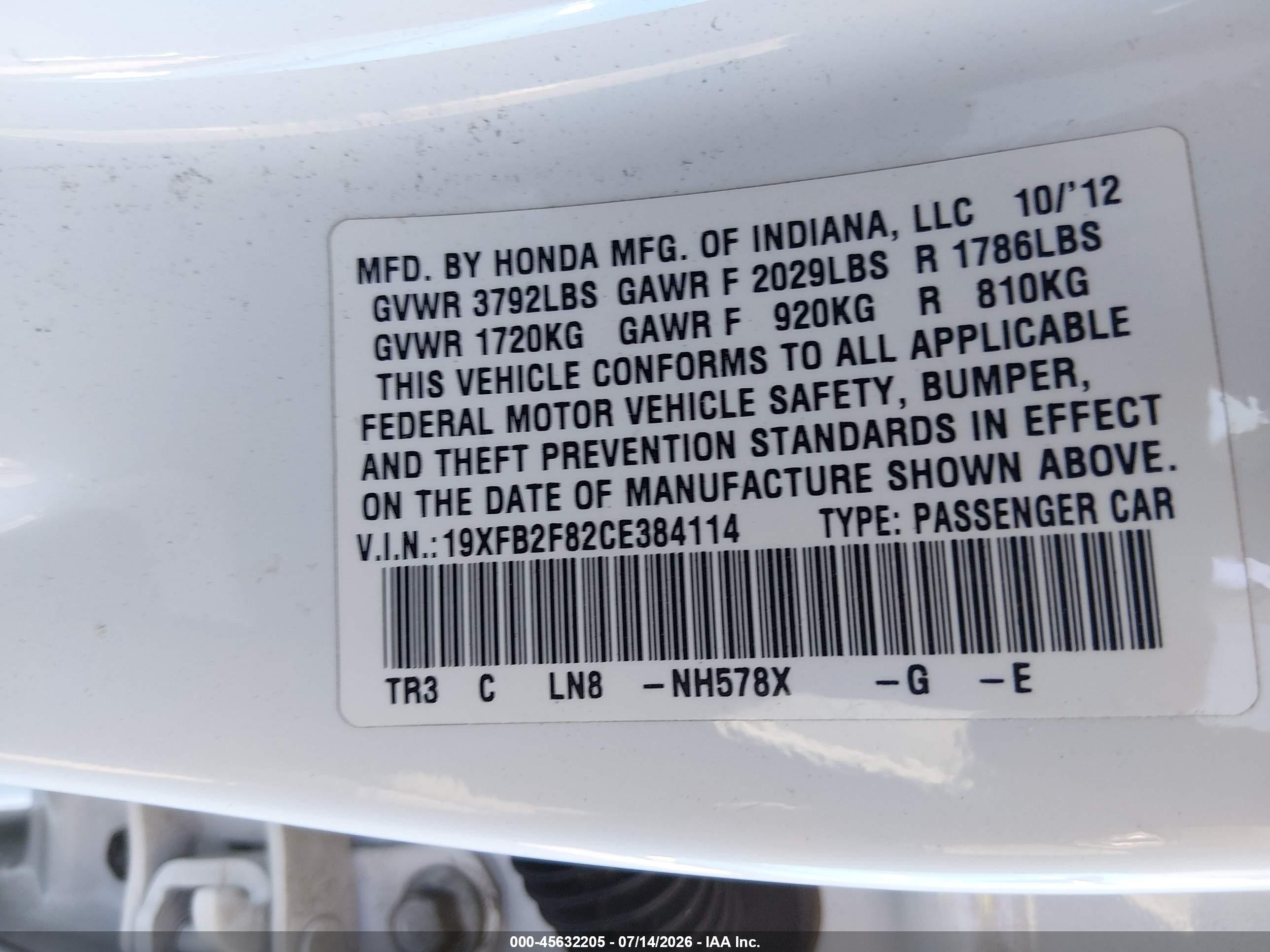 2012 Honda Civic Ex White vin: 19XFB2F82CE384114