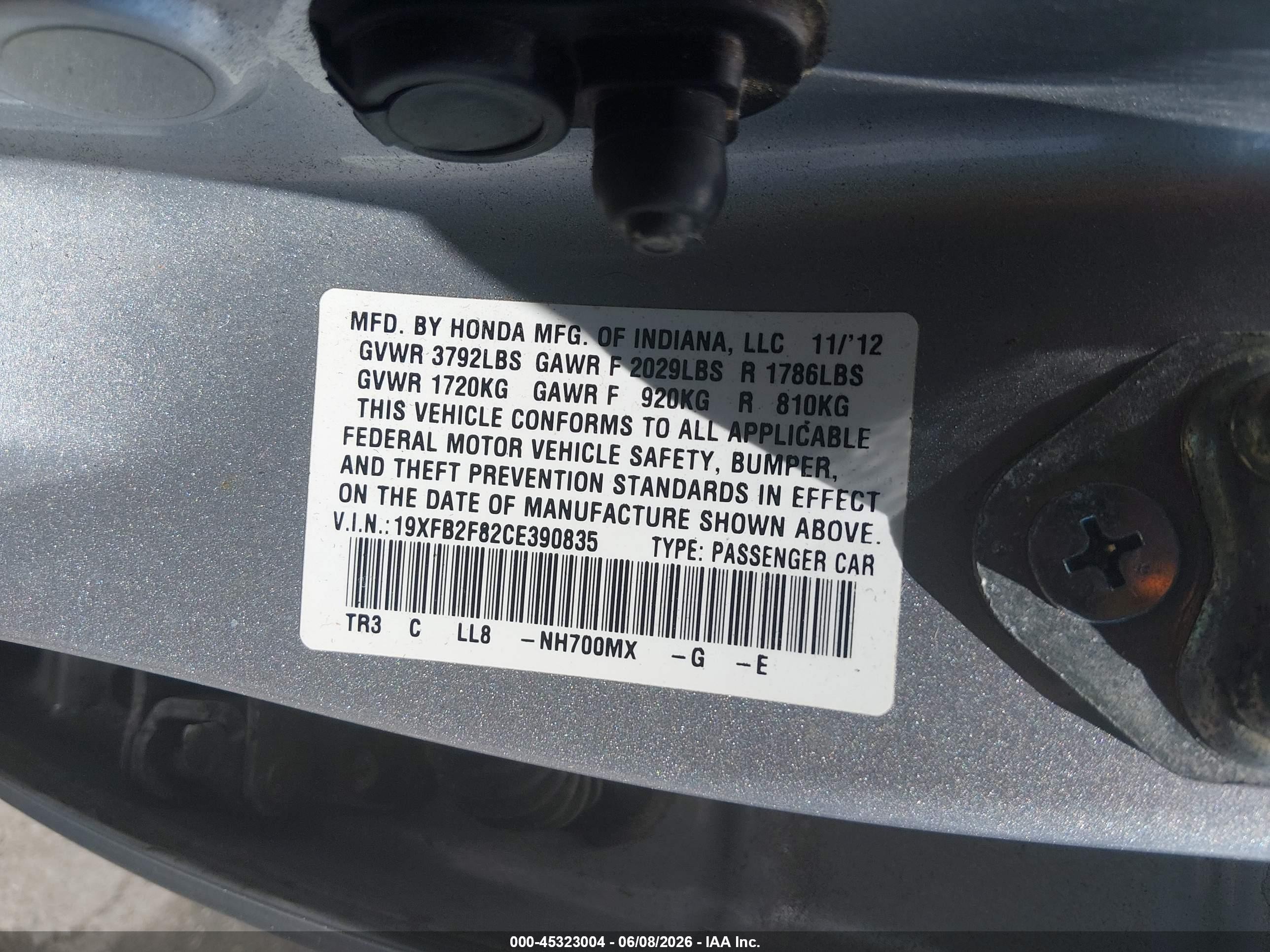 2012 Honda Civic Ex Silver vin: 19XFB2F82CE390835