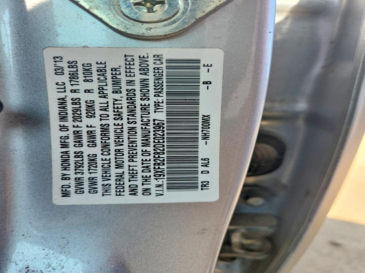 2013 Honda Civic Ex Silver vin: 19XFB2F82DE023967