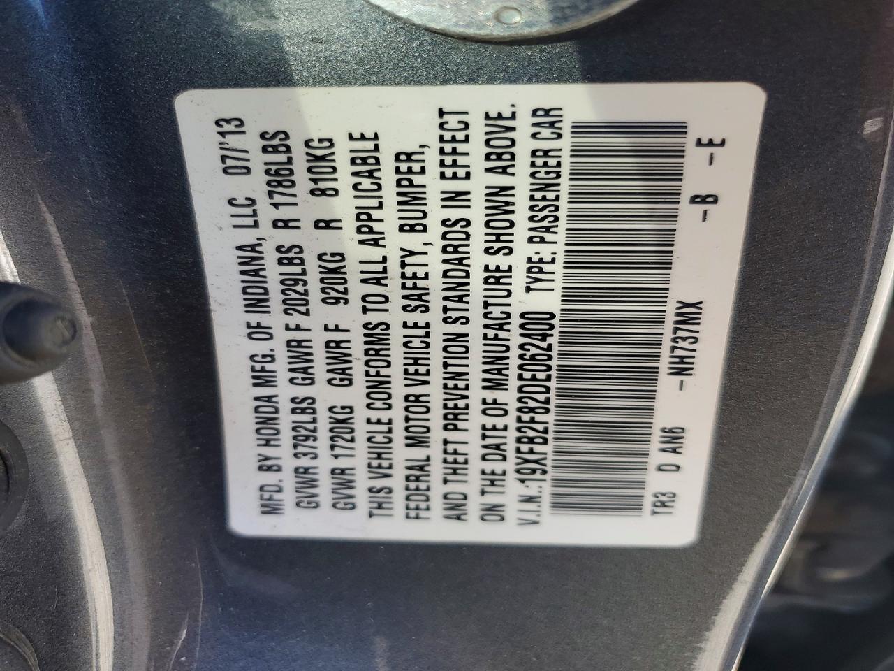 2013 Honda Civic Ex Gray vin: 19XFB2F82DE062400