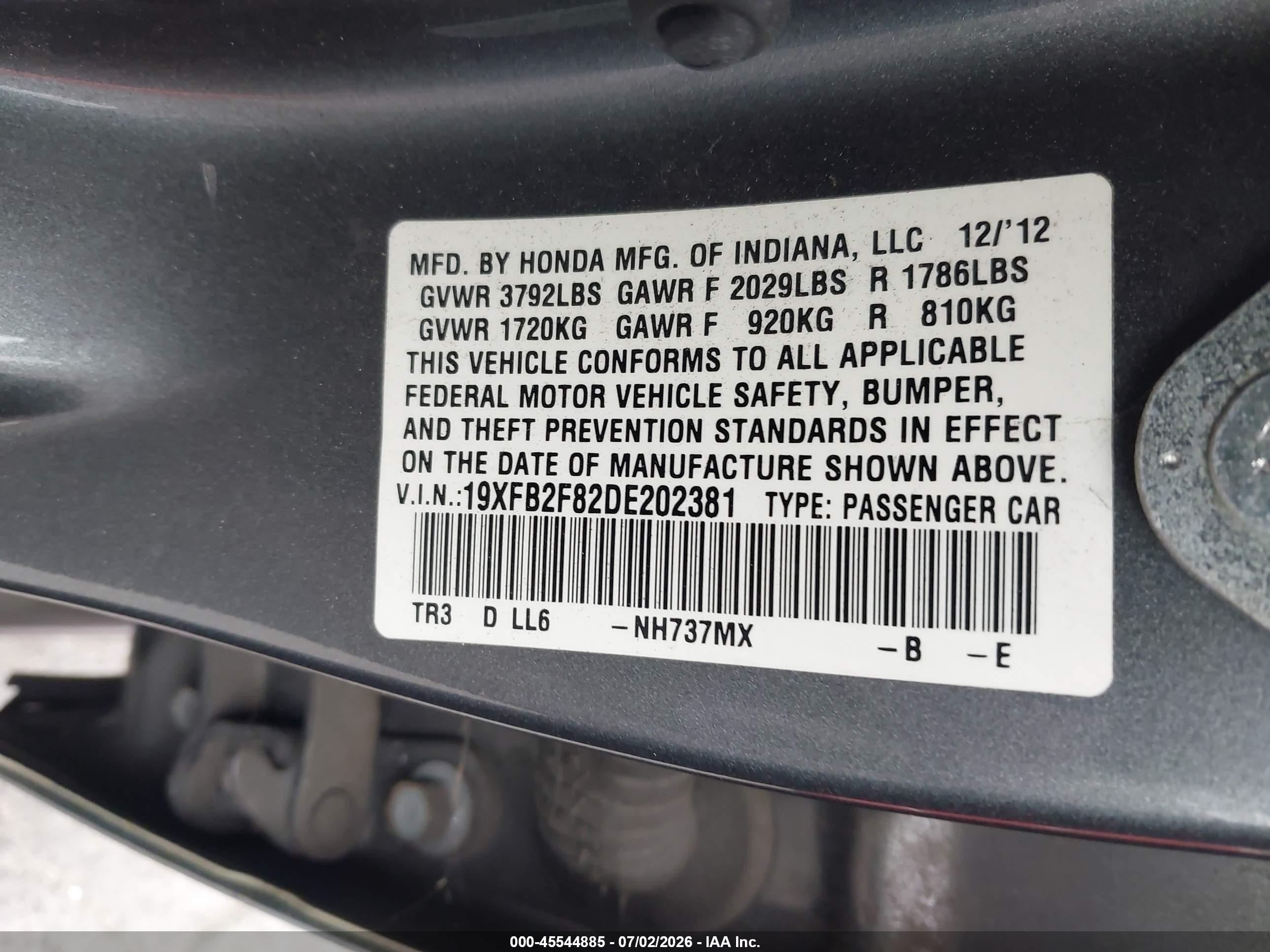 2013 Honda Civic Ex Gray vin: 19XFB2F82DE202381