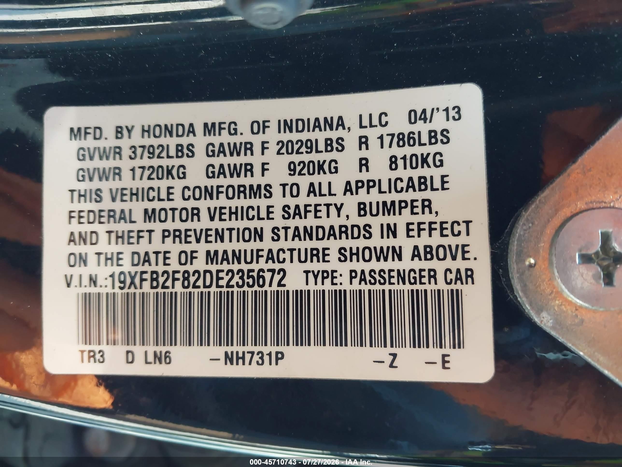 2013 Honda Civic Ex Черный vin: 19XFB2F82DE235672