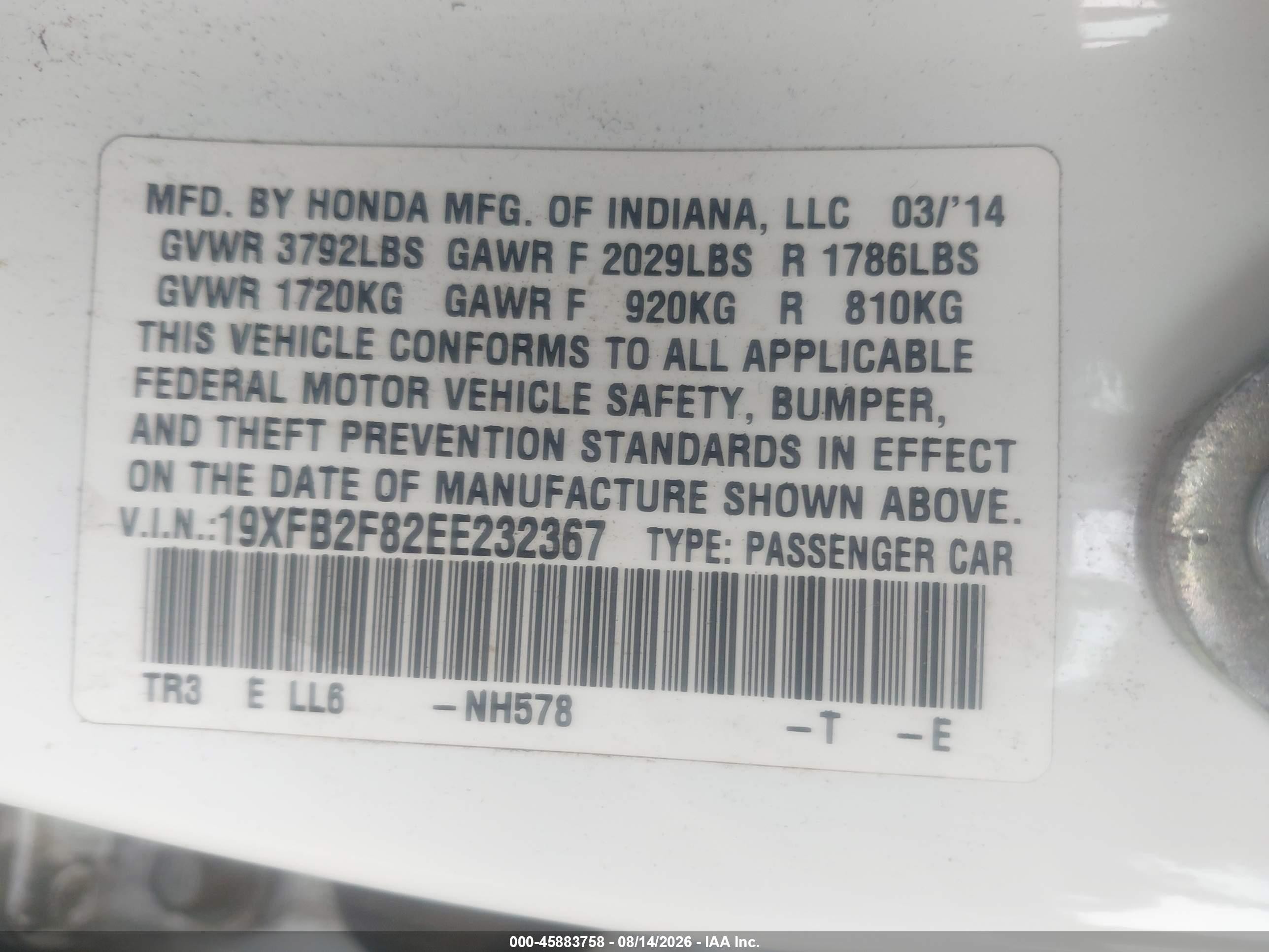 2014 Honda Civic Ex White vin: 19XFB2F82EE232367