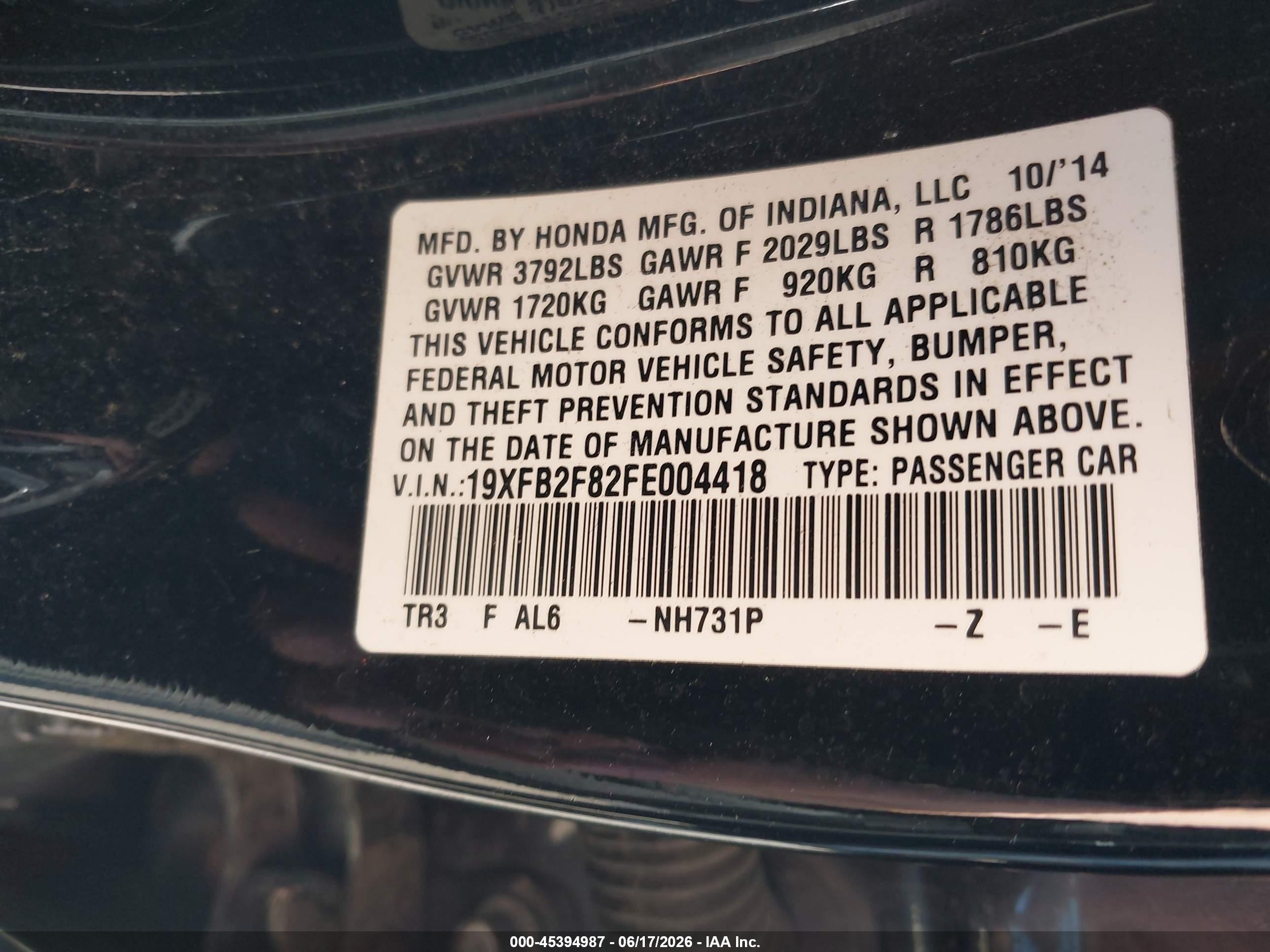 2015 Honda Civic Ex Black vin: 19XFB2F82FE004418