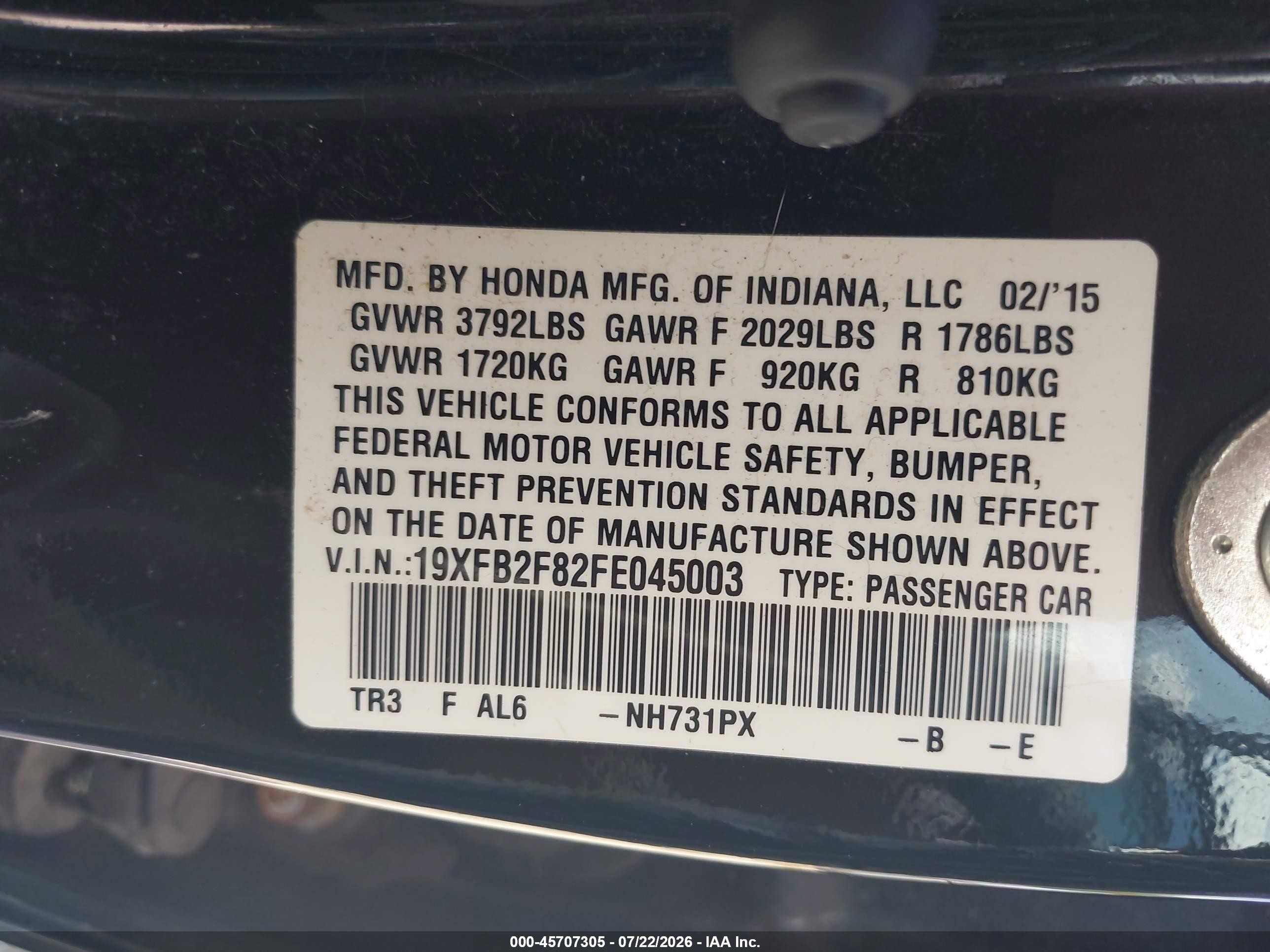 2015 Honda Civic Ex Black vin: 19XFB2F82FE045003