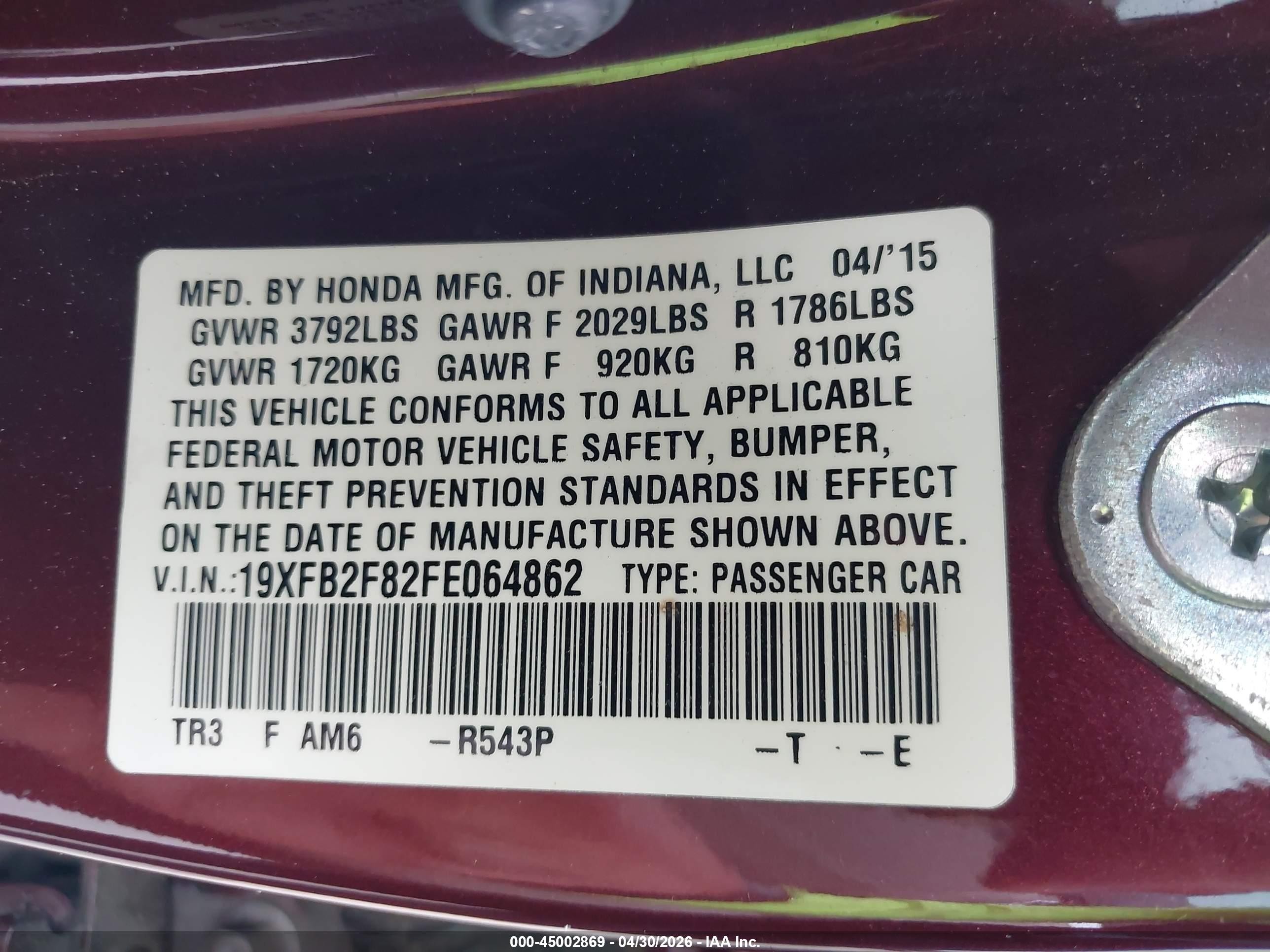 2015 Honda Civic Ex Maroon vin: 19XFB2F82FE064862