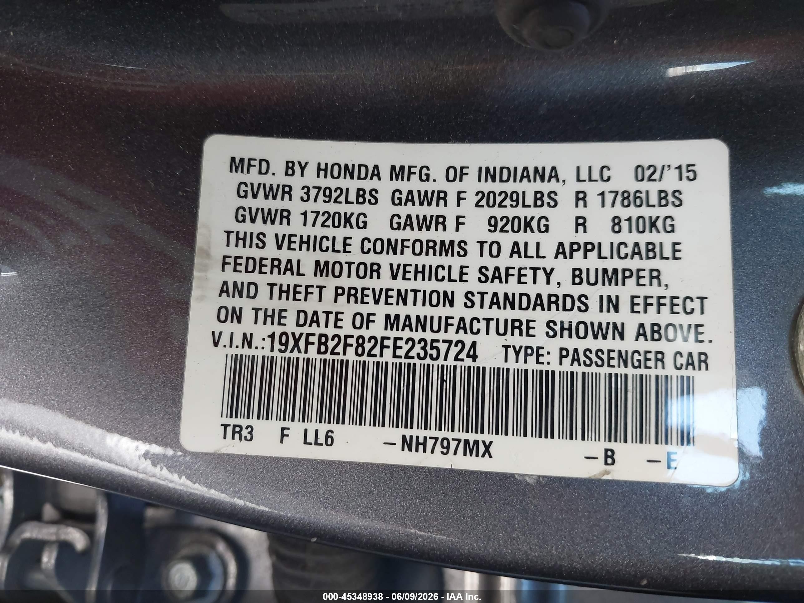 2015 Honda Civic Ex Gray vin: 19XFB2F82FE235724