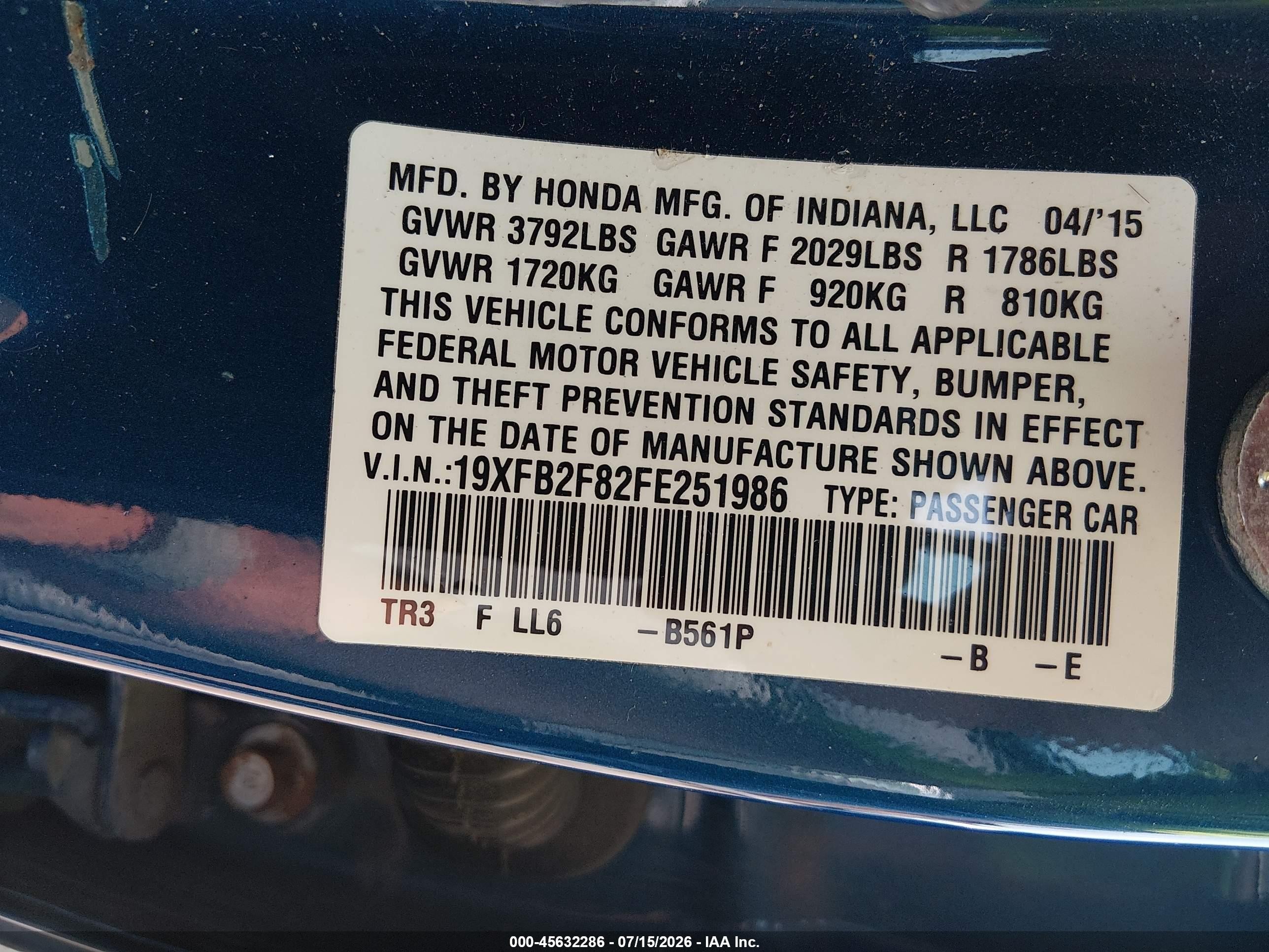 2015 Honda Civic Ex Blue vin: 19XFB2F82FE251986