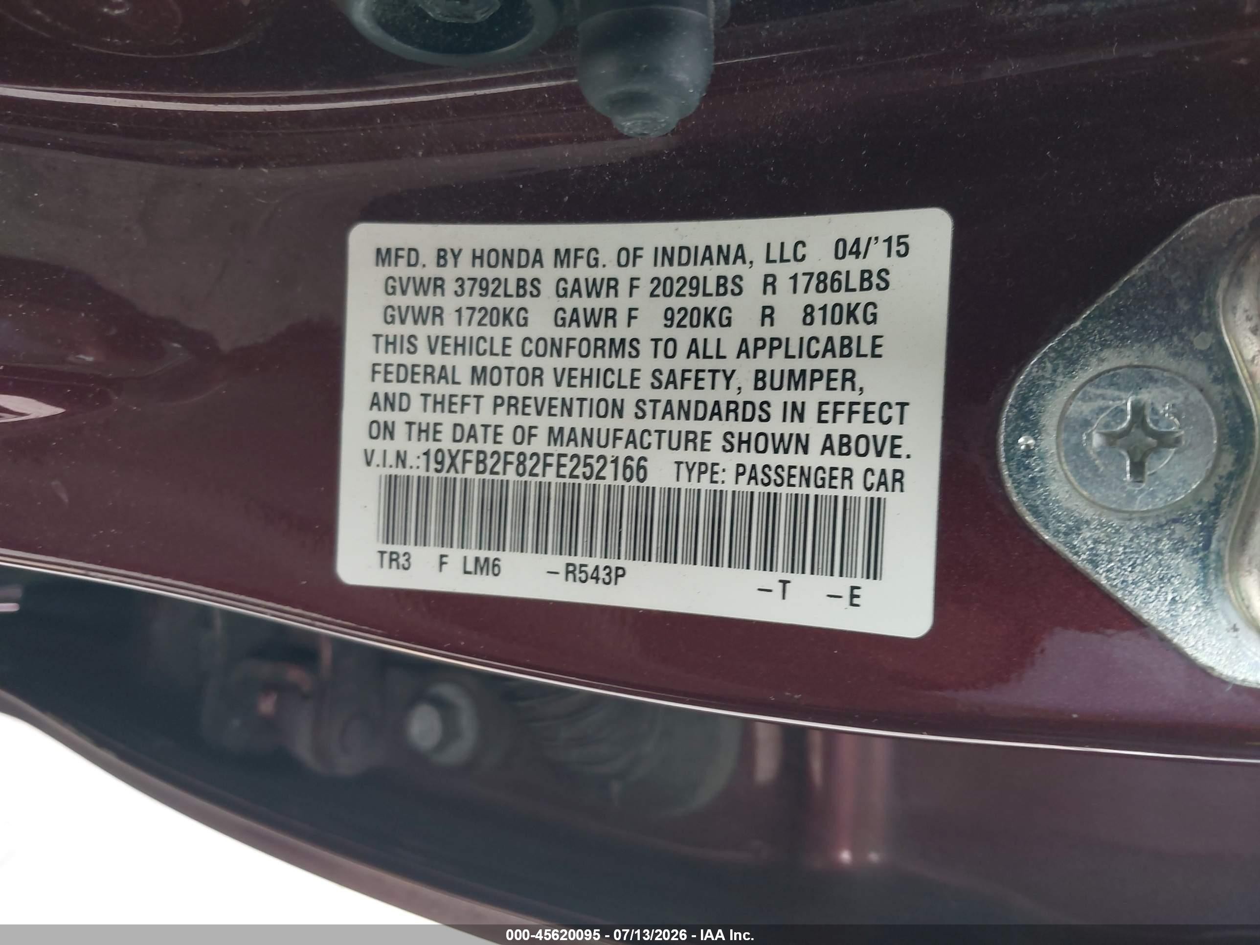 2015 Honda Civic Ex Red vin: 19XFB2F82FE252166