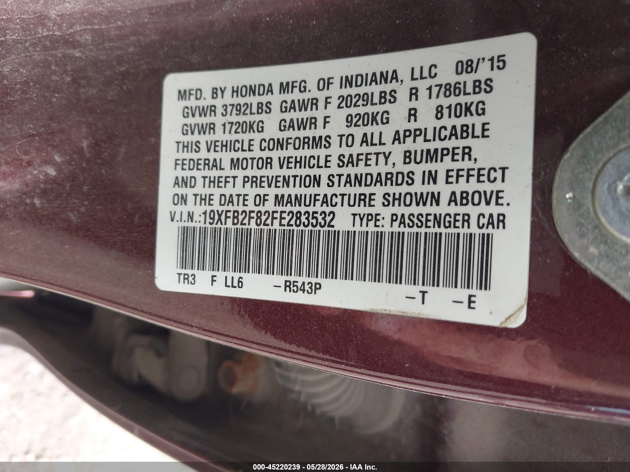 2015 Honda Civic Ex Burgundy vin: 19XFB2F82FE283532